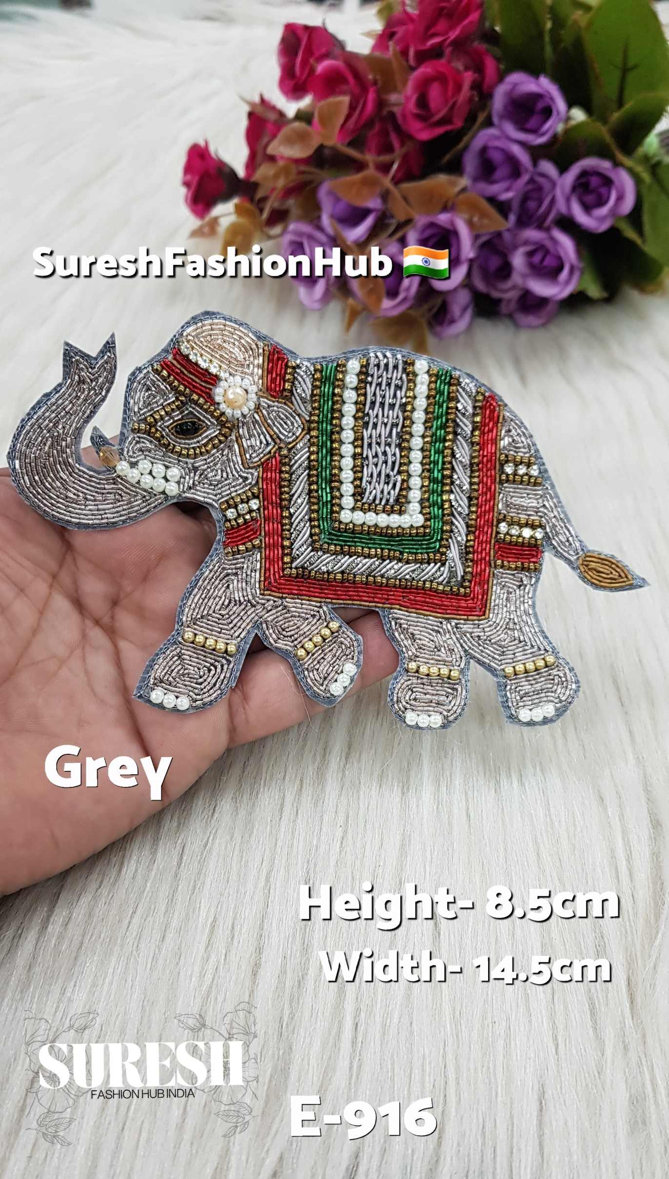 Handmade Elephant Patch – Left Side Grey – Design No. E-916