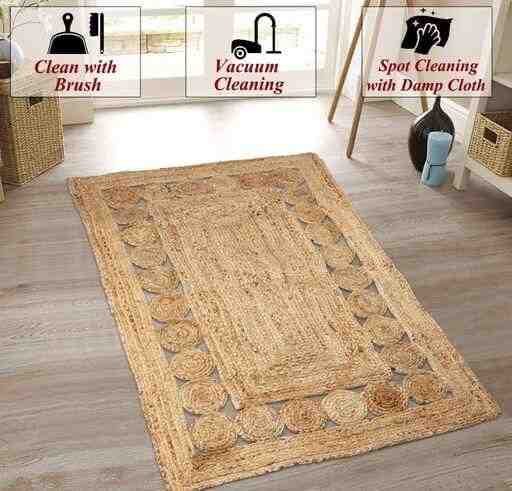 Handwoven Natural Jute Rectangular Rug with Braided Disc Border Design
