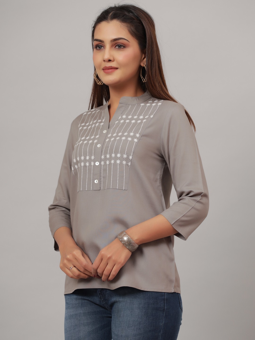 Grey Embroidered Pure Rayon Top