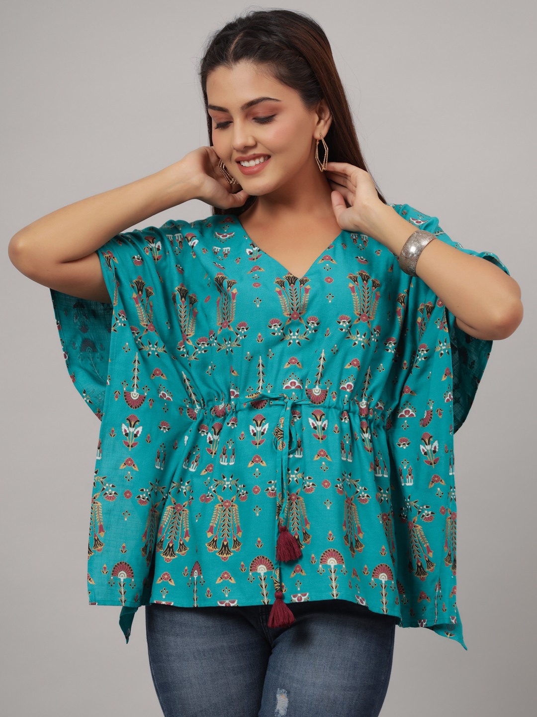 V-Neck Printed Rayon Kaftan Top