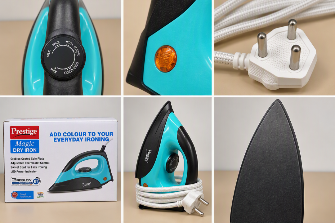 Prestige Magic 1000W Dry Iron with Greblon Coated Sole Plate (Turquoise)