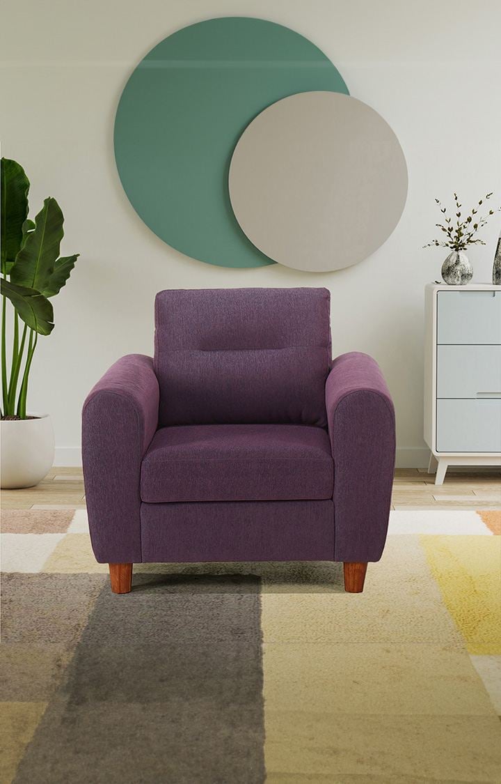 neudot Scott Single Seater Fabric Sofa | Premium Fabric Sofa | Padded Cushioned Armrest | Solid Wood Leg - Paradise Purple