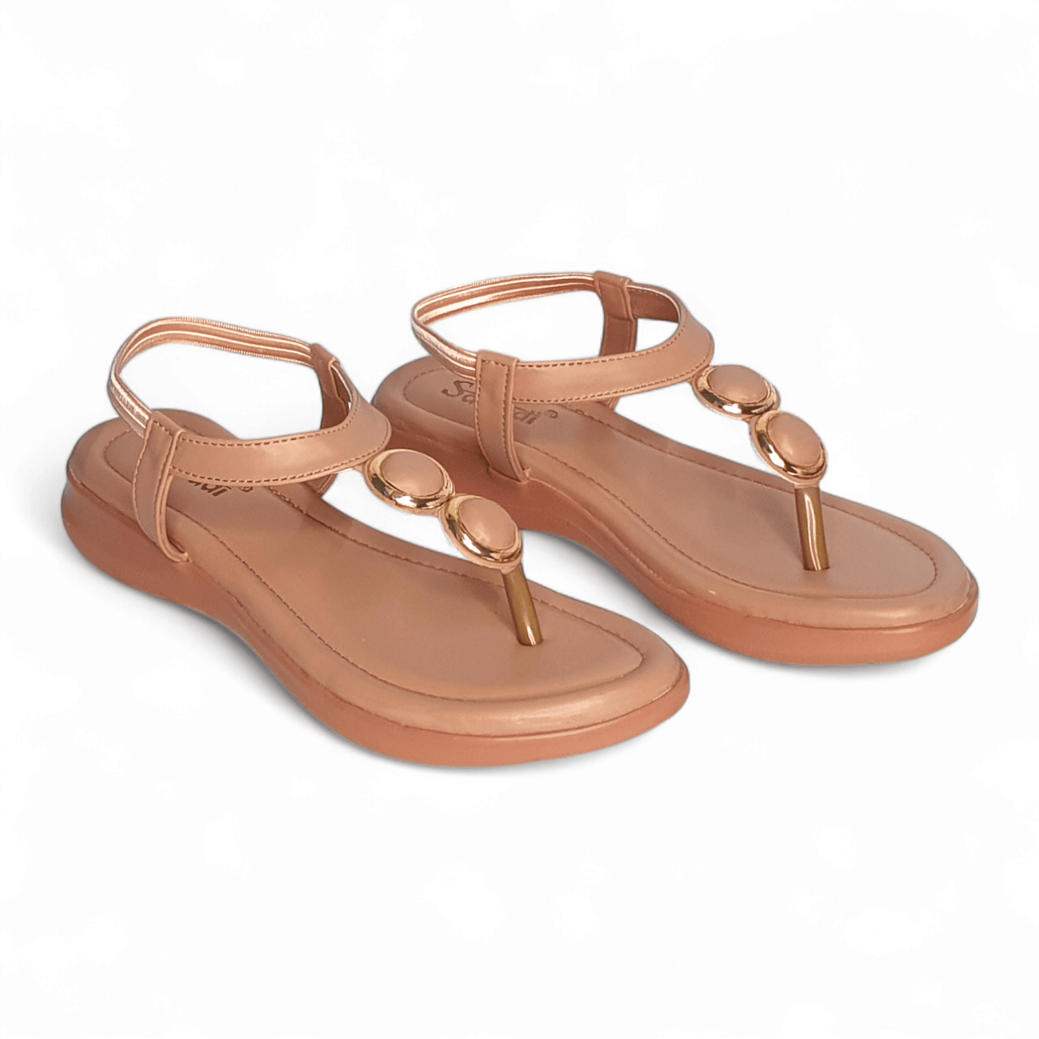 Stylish Peach Flat Sandals for Women with Golden Accents | Comfortable Toe-Ring Sandals | Sawadimart