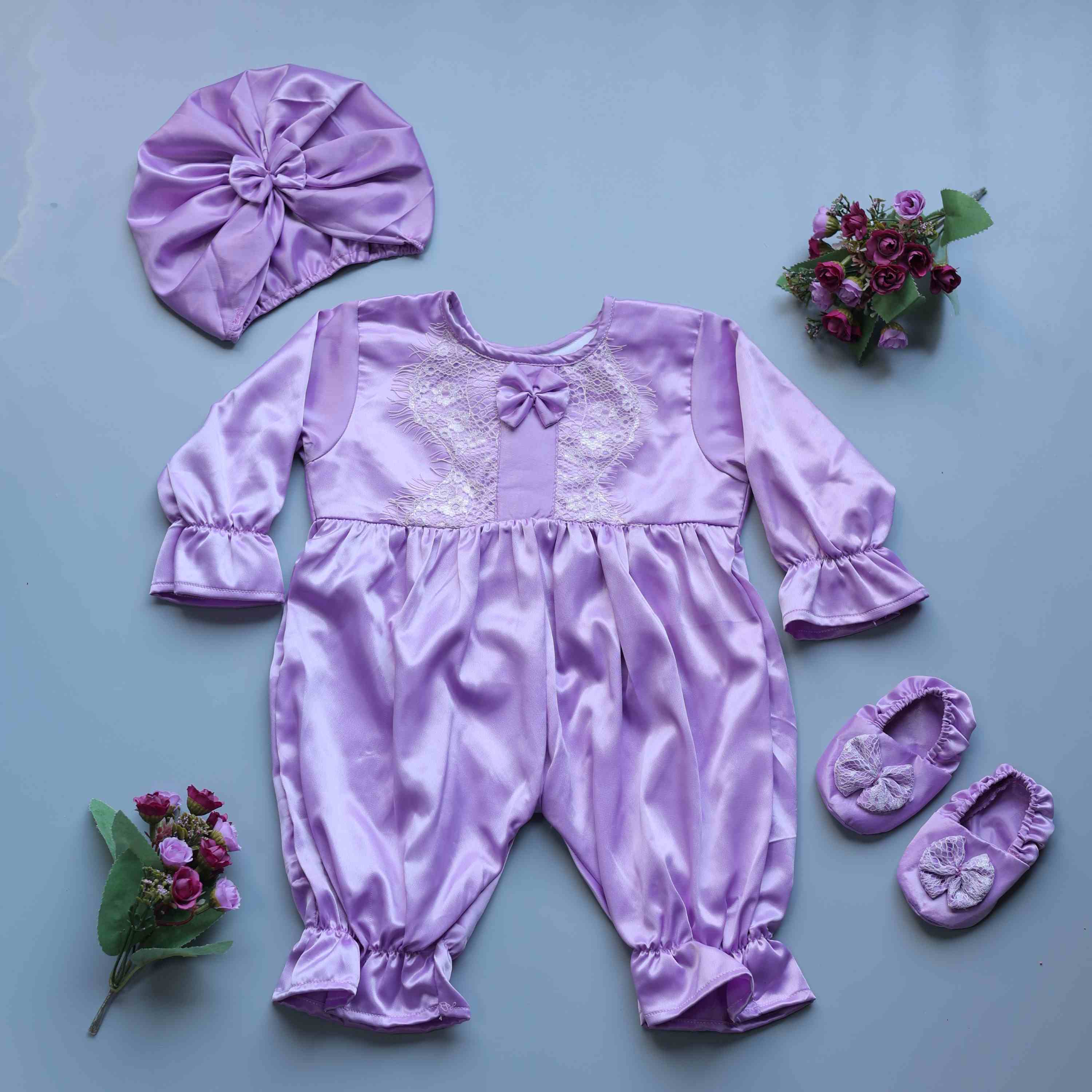Lilac Glow Baby Romper and Turban Set