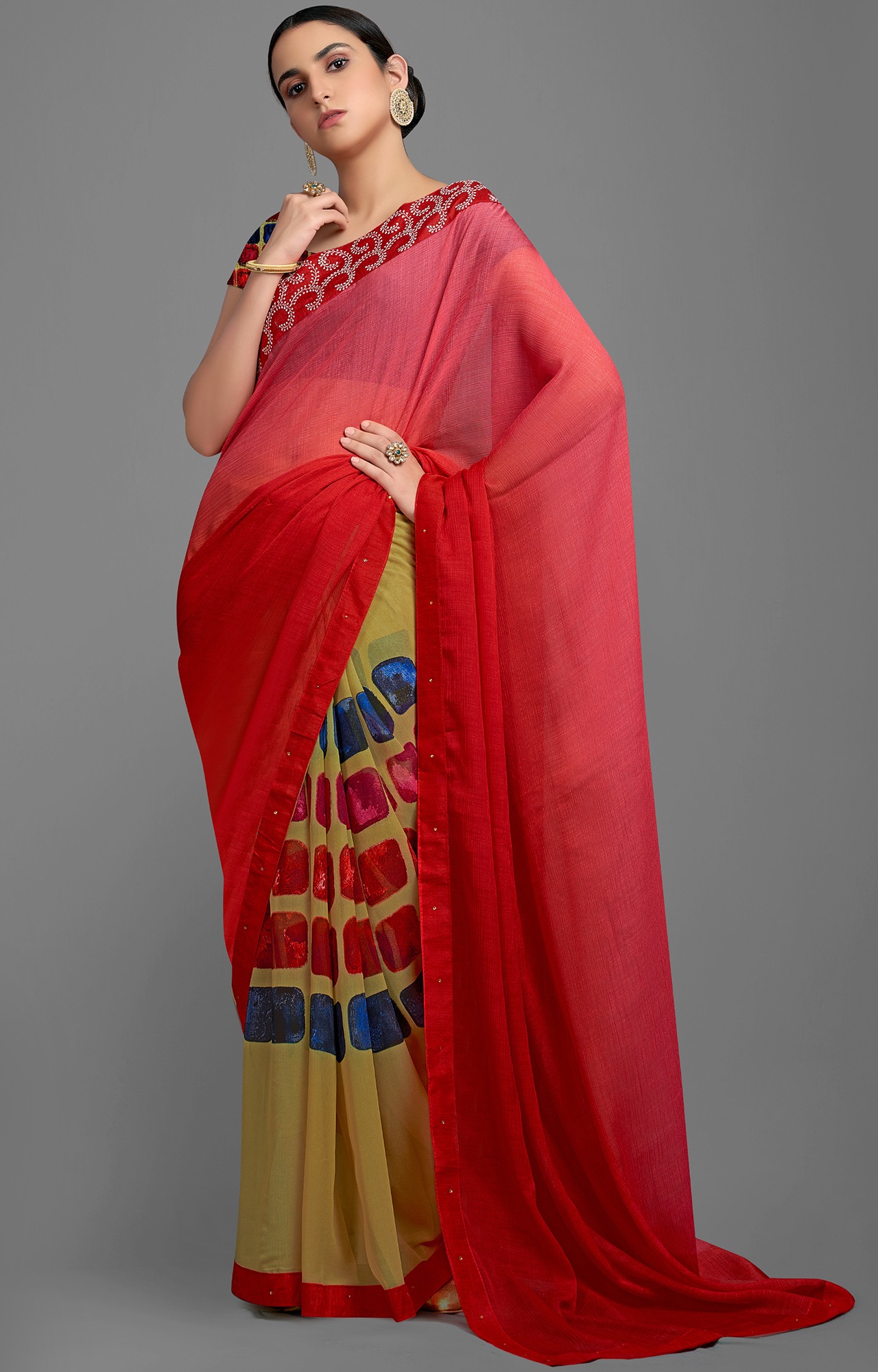 Women's Red and Beige Georgette Solid Printed Half N Half Saree-SHAMA6670SSSR004