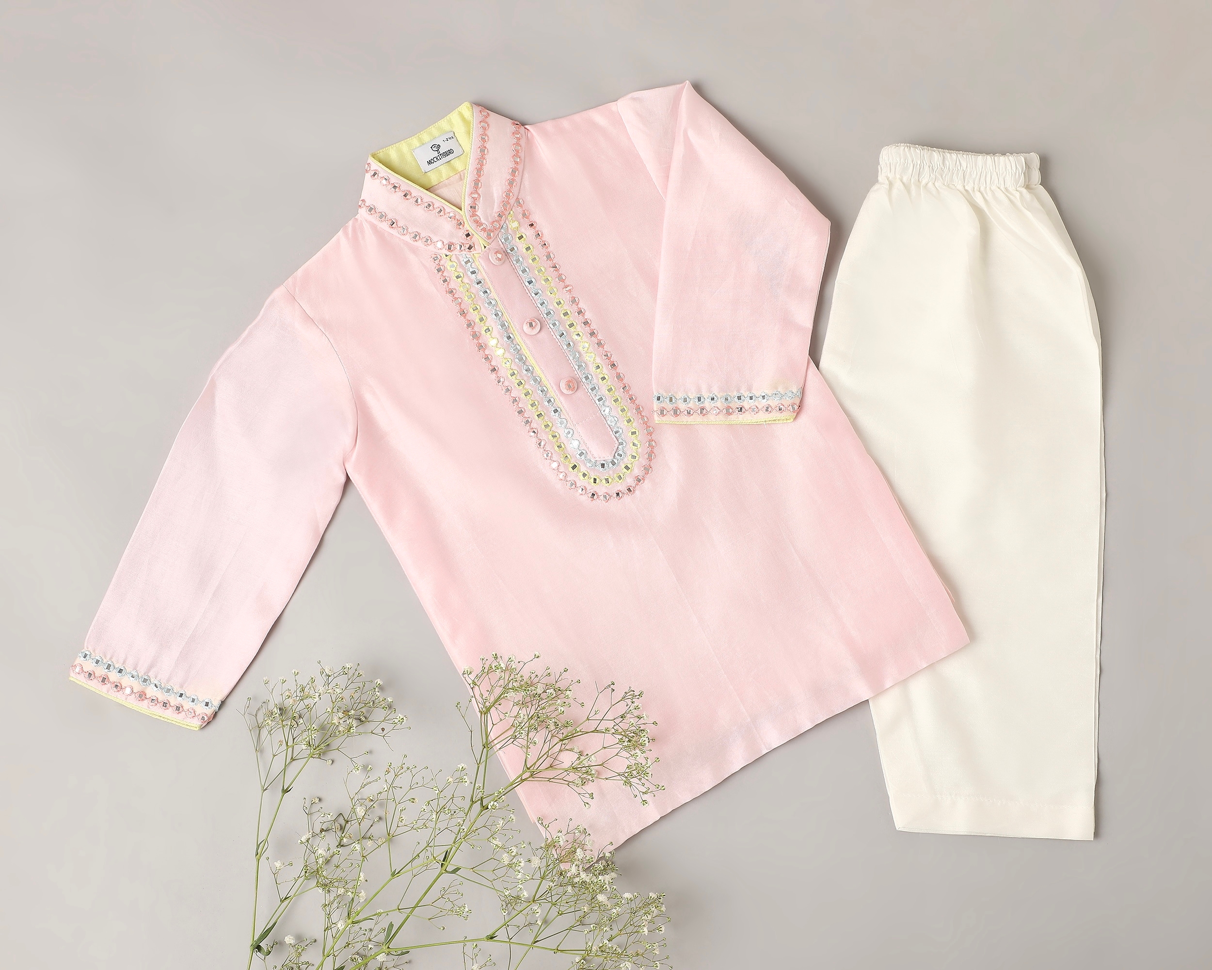 Pink Kurta with Multi Mirror Work and Ivory Pyjamas