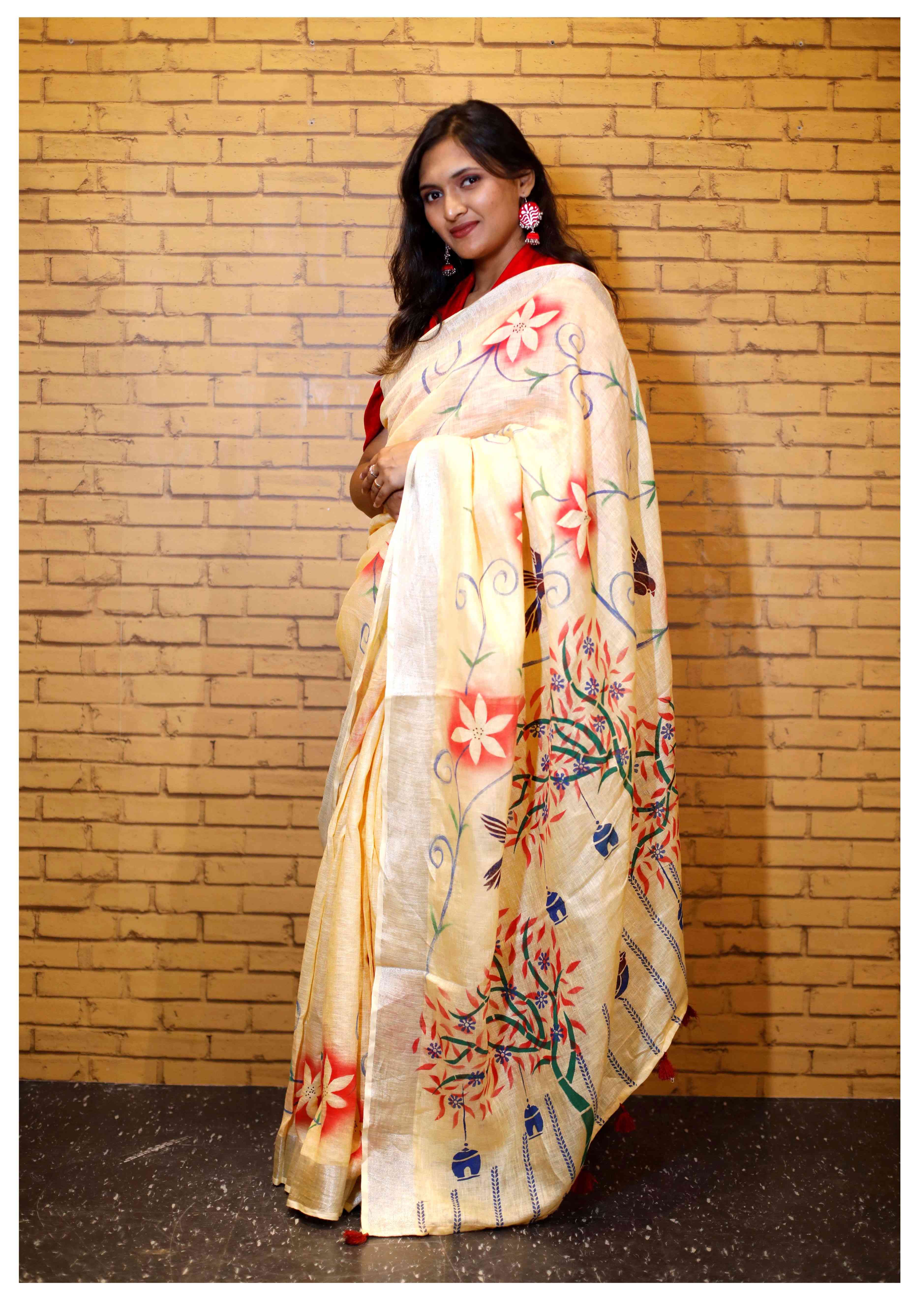 Linen/Cotton Fabric Saari |Hanpainted with Elegant Floral Design