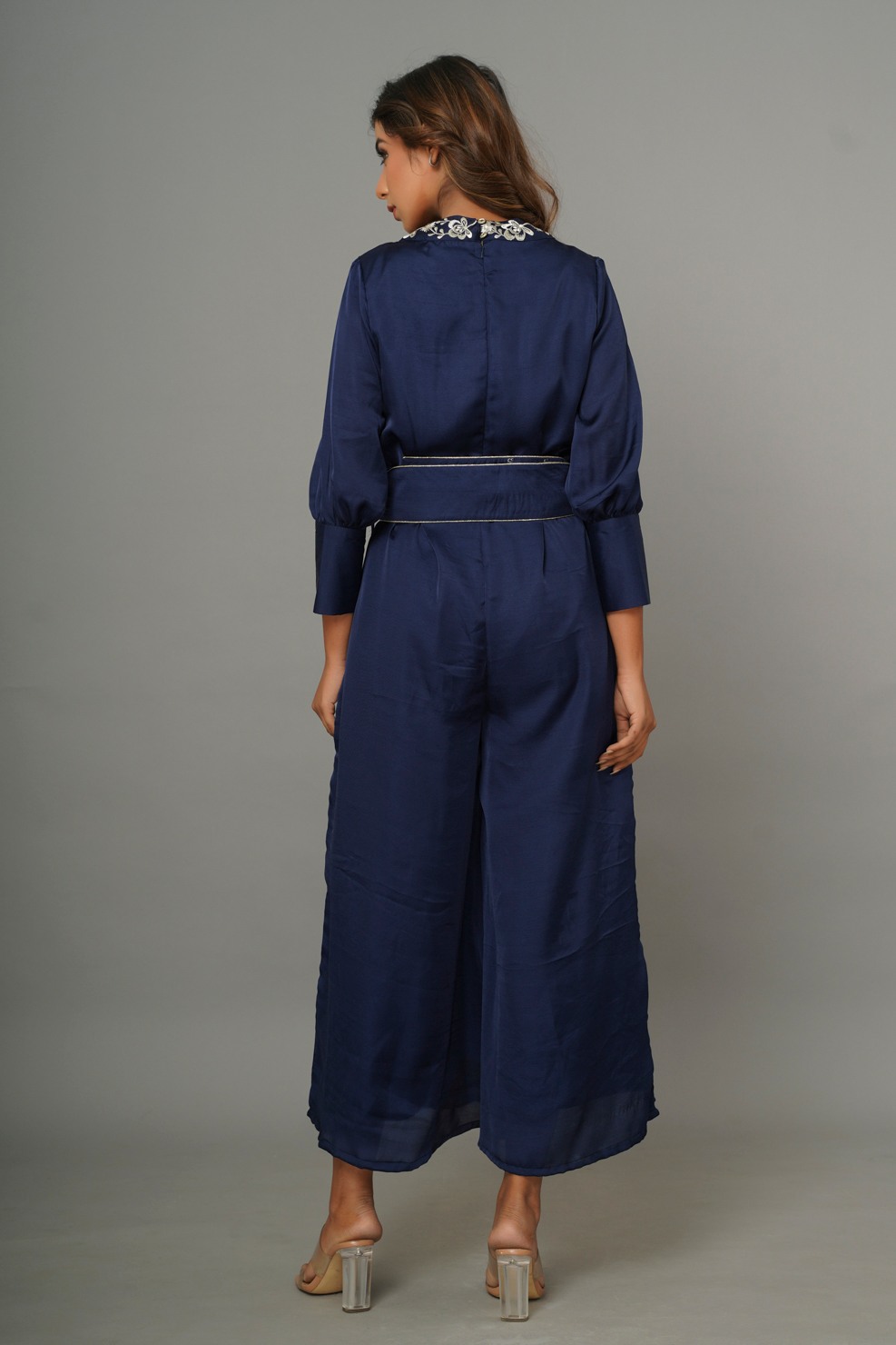 Blue Embroidery Work On Collar And Embroidery Belt Jumpsuit