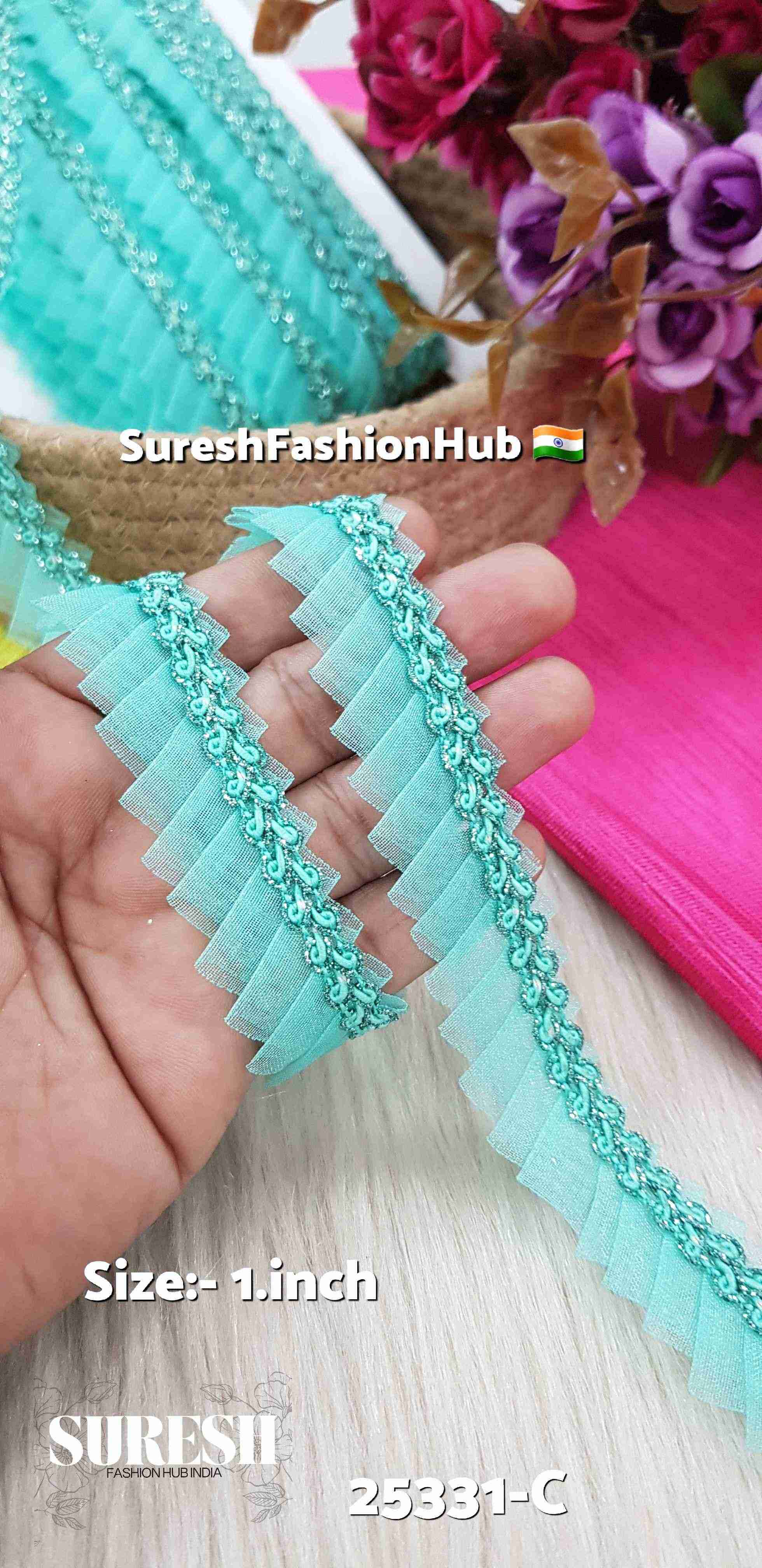 One Side Scallop Organza Jhalar Turquoise Green Lace | 25331-C