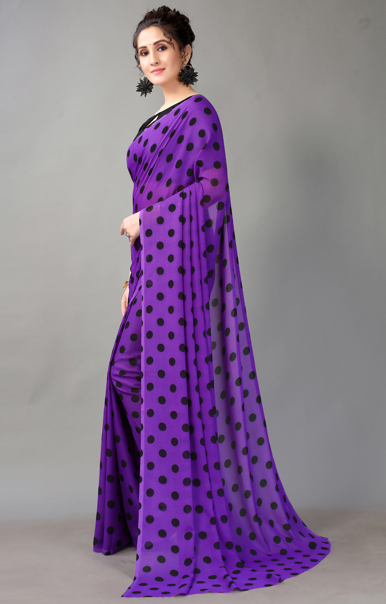 Women's Purple Poly Georgette Polka Dot/Geometric Print Saree-HAL23RYN00043PRPL