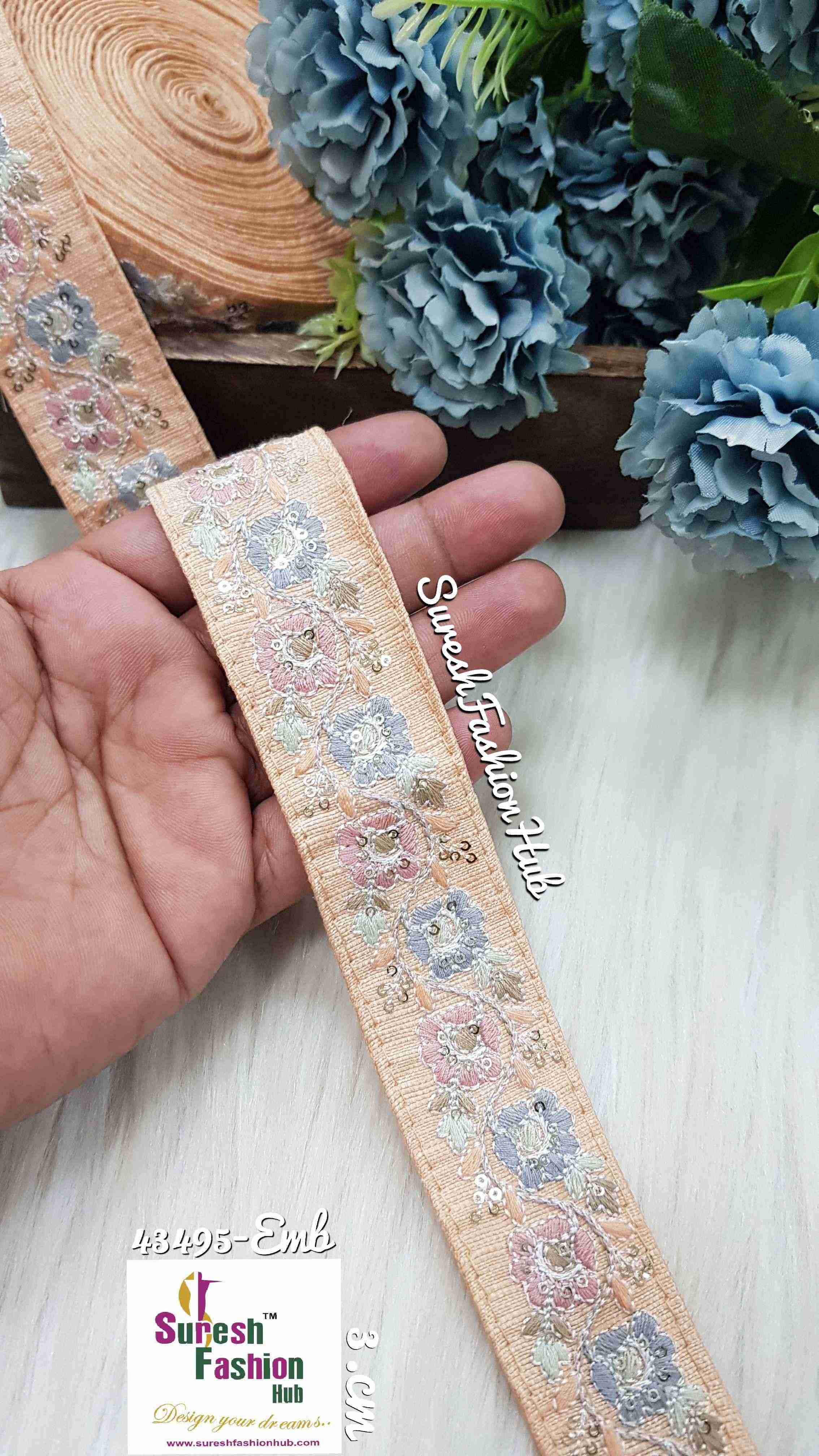Threaded Flower Bouquet Peach Fabric Sequin Edging Embroidered Trim