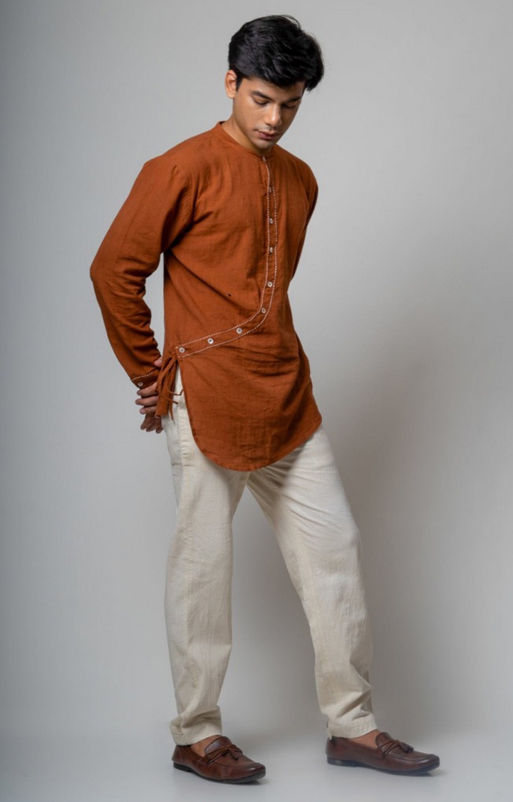 Lafaani | Men's Brown Cotton Solid Angrakha Kurta