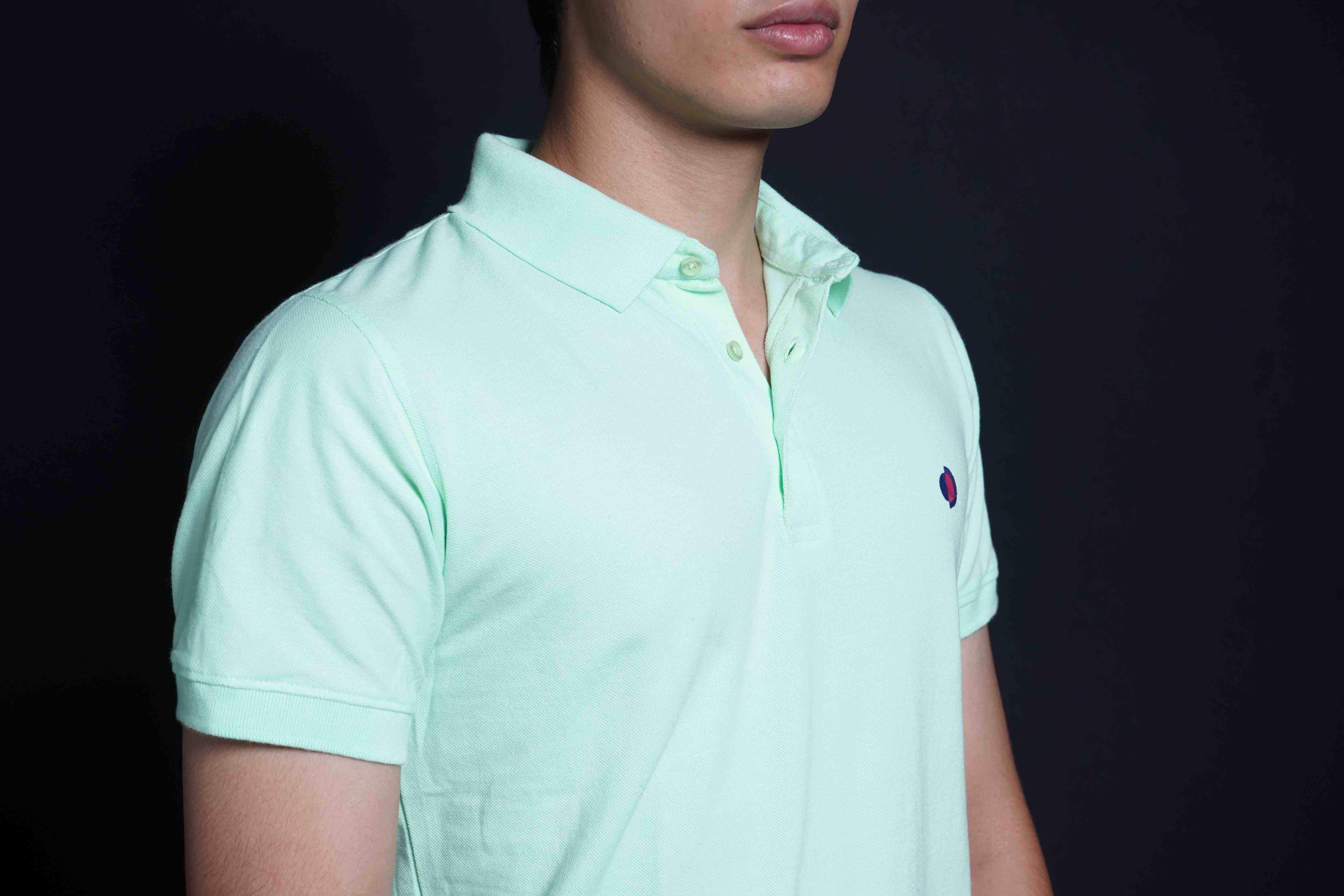 One Denim Light Green Plain Polo Neck Cotton T-Shirt