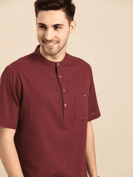 Men Maroon Pure Cotton Solid Kurta