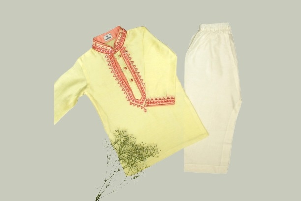 Lemon Yellow Kurta With Resham & Mirror and Ivory Pyjama