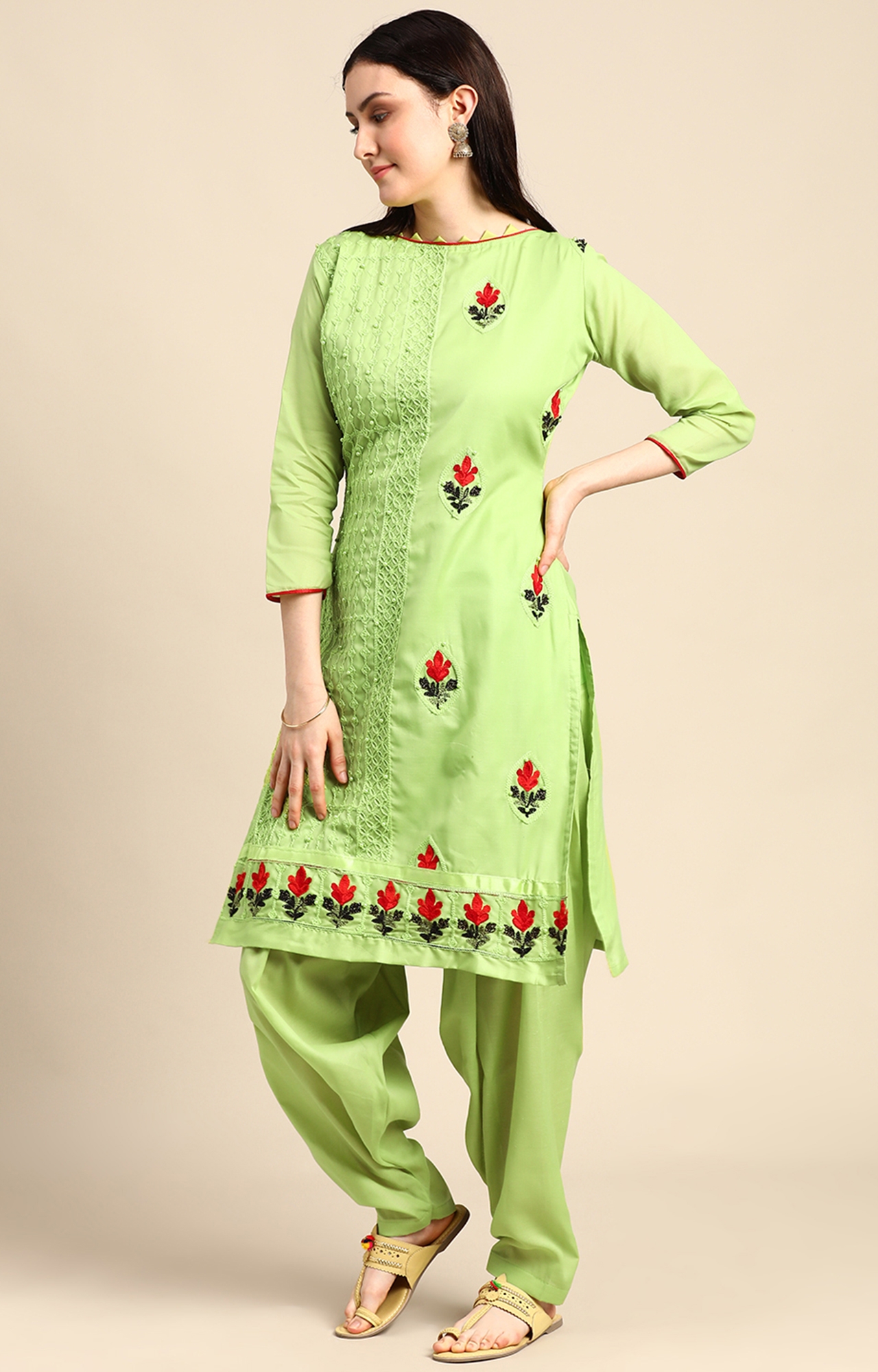 SHAILY RETAILS | Shaily Women Perrot Green Color Cotton Embroidered With Pearl Unstitched Dress Material-VF_BJP_PAGRN_DM 2