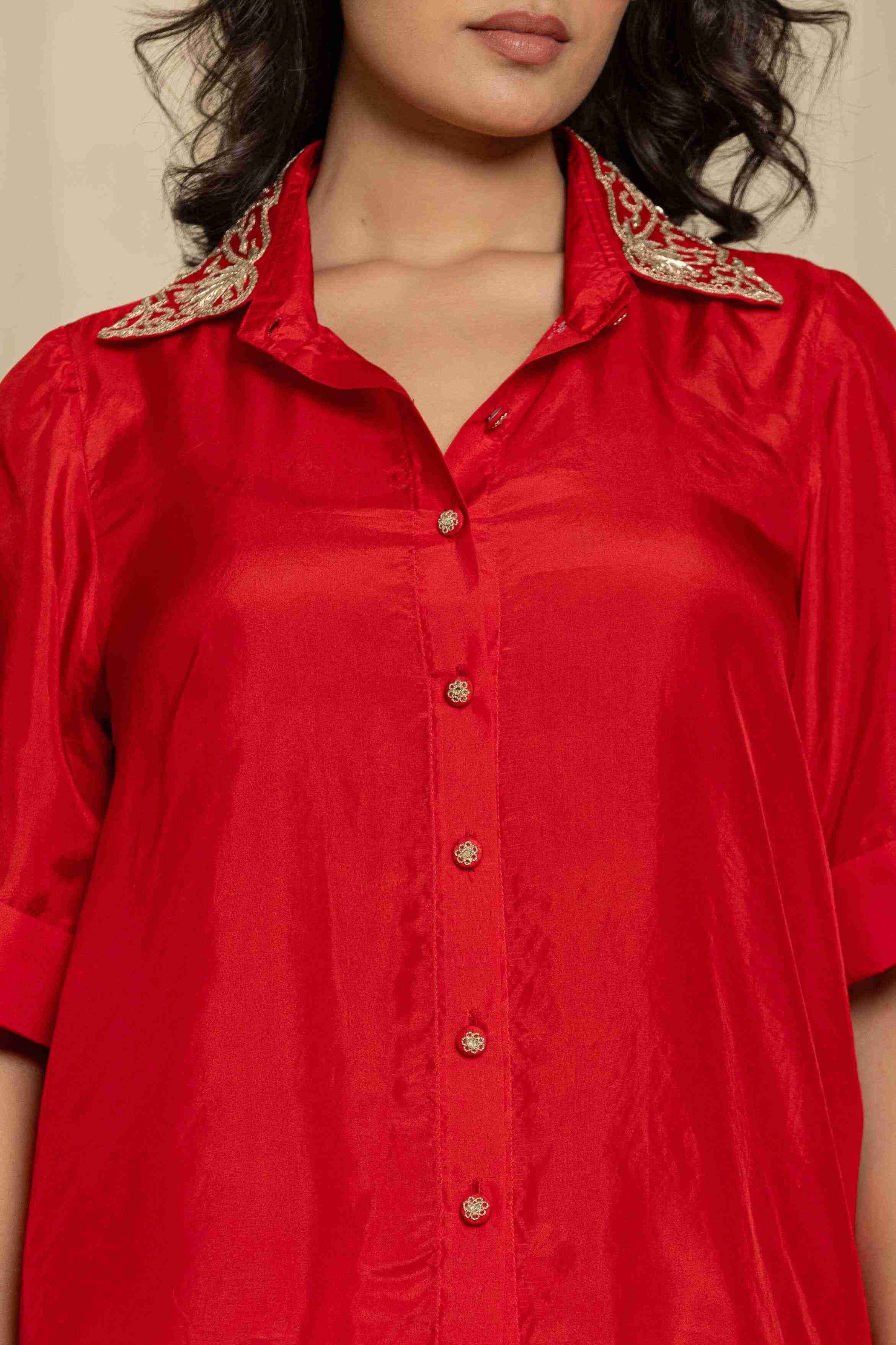 Red silk hand work co-ord set