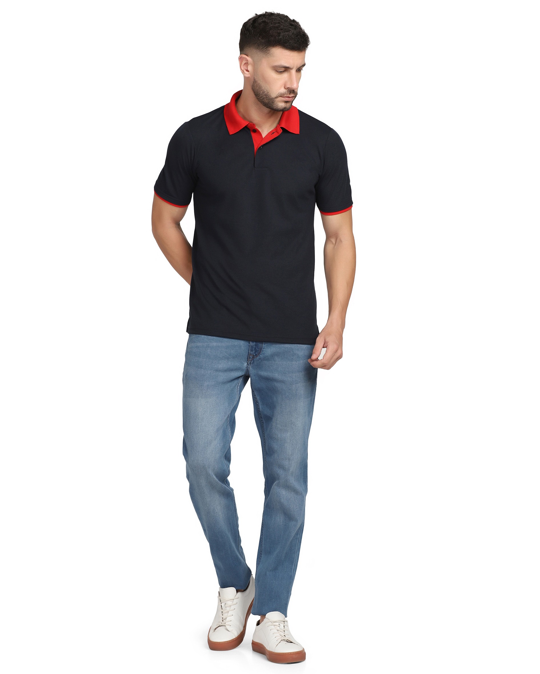Dark Navy Blue Polo With Red Collar 