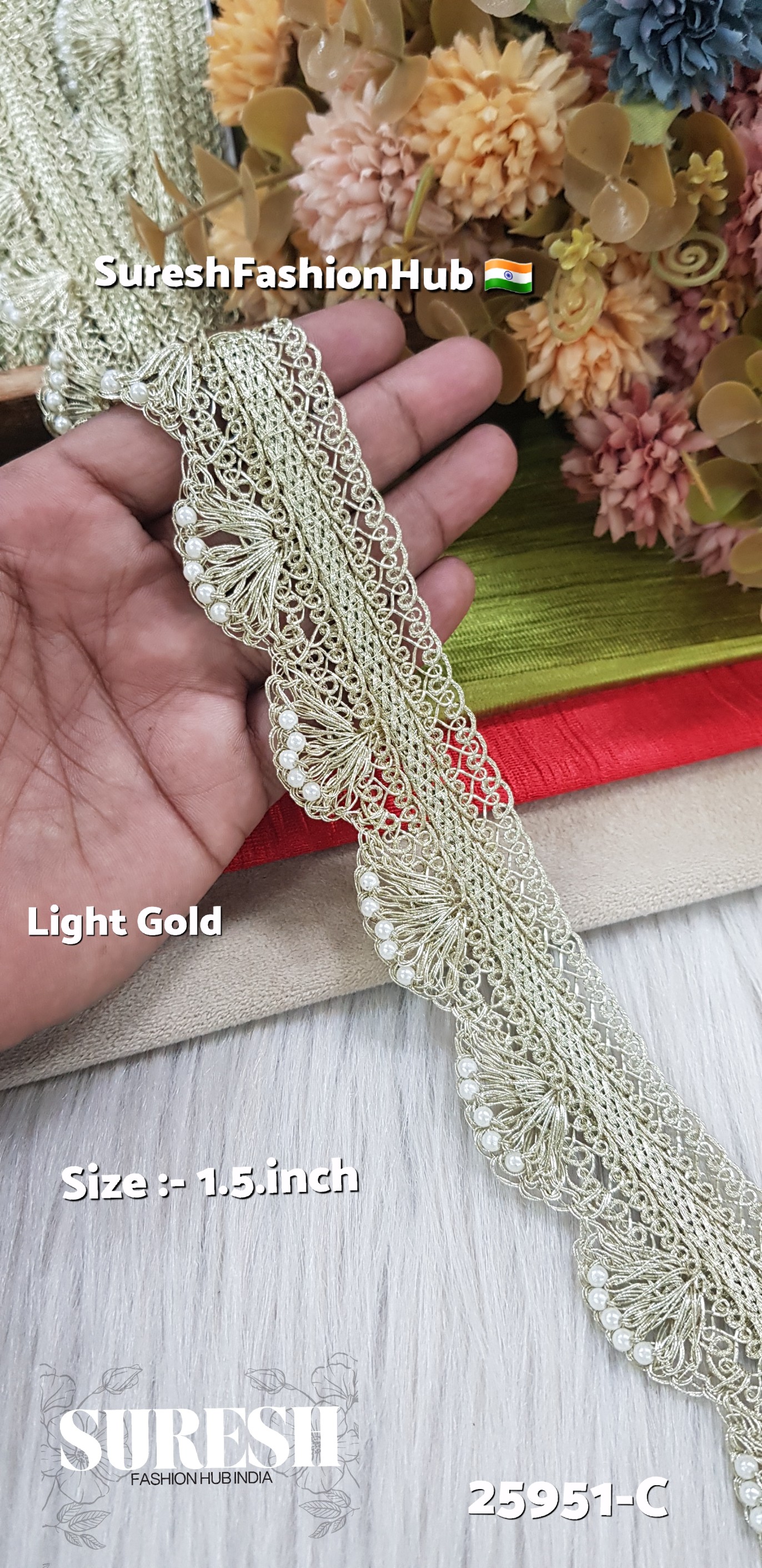 25951-C Light Gold Jhalar Gota Pankha Moti Lace