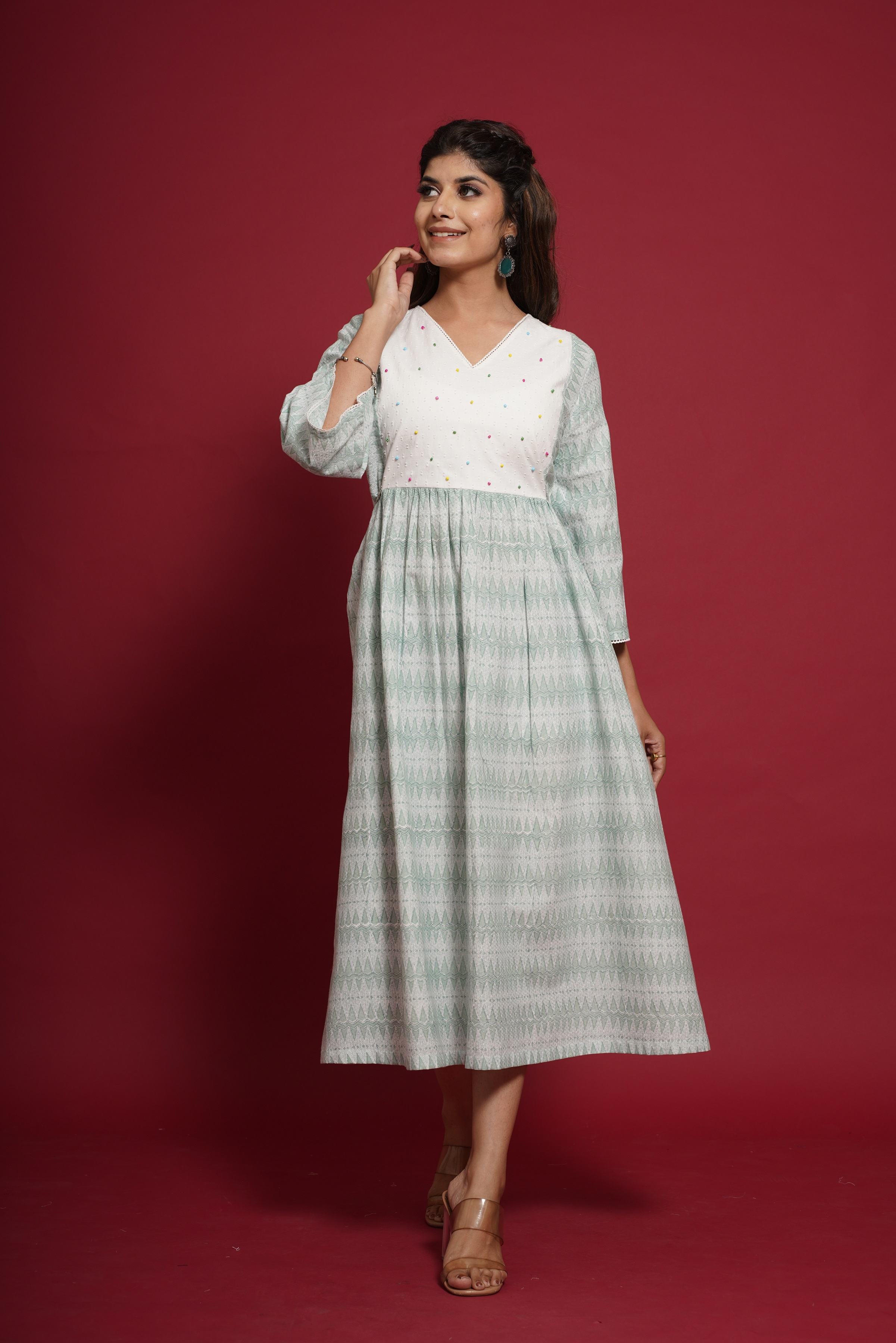 GREEN BLOCK PRINT COTTON DRESS