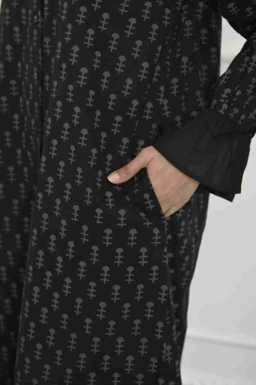 Naksh Black With Grey Khari Tinsel Print Long Shirt Kurta With Pockets