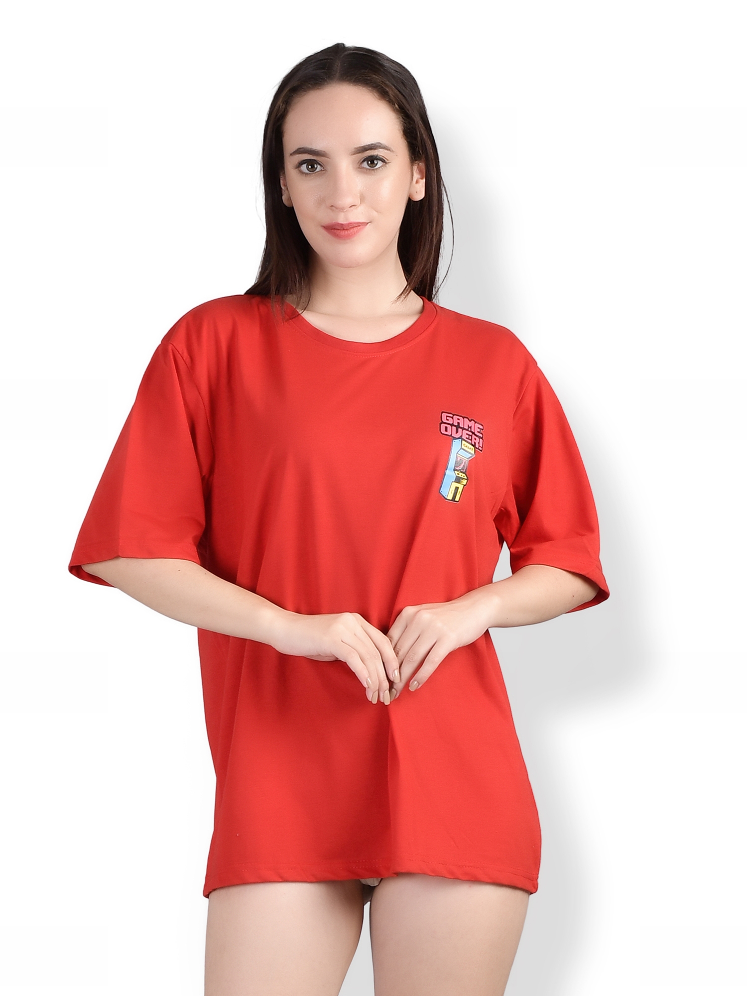 Game Over : Quirky Printed Oversized Women's Tees In Red Color