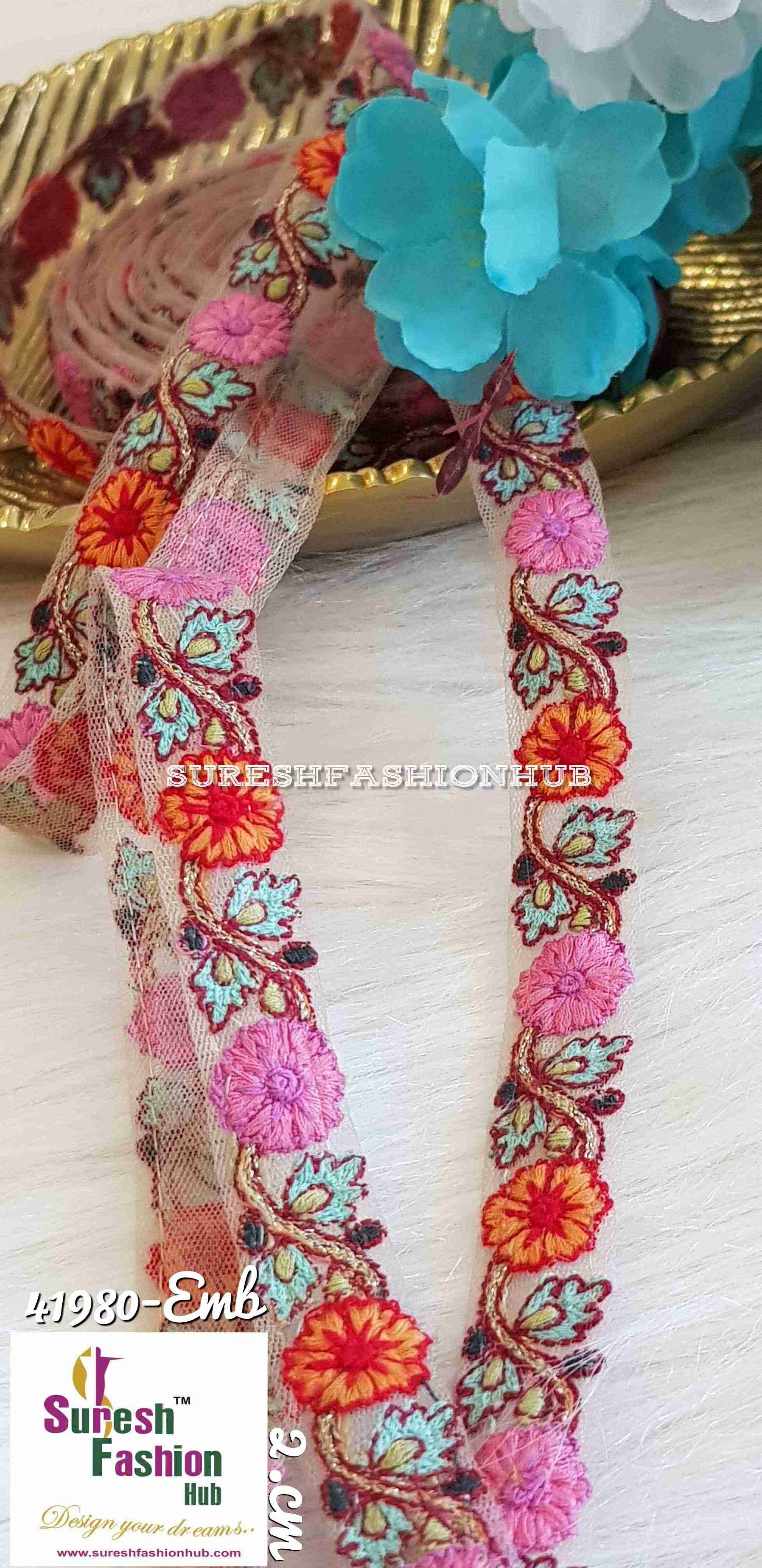 Mesh Beauty Orange & Pink Flowers Thin Ribbon