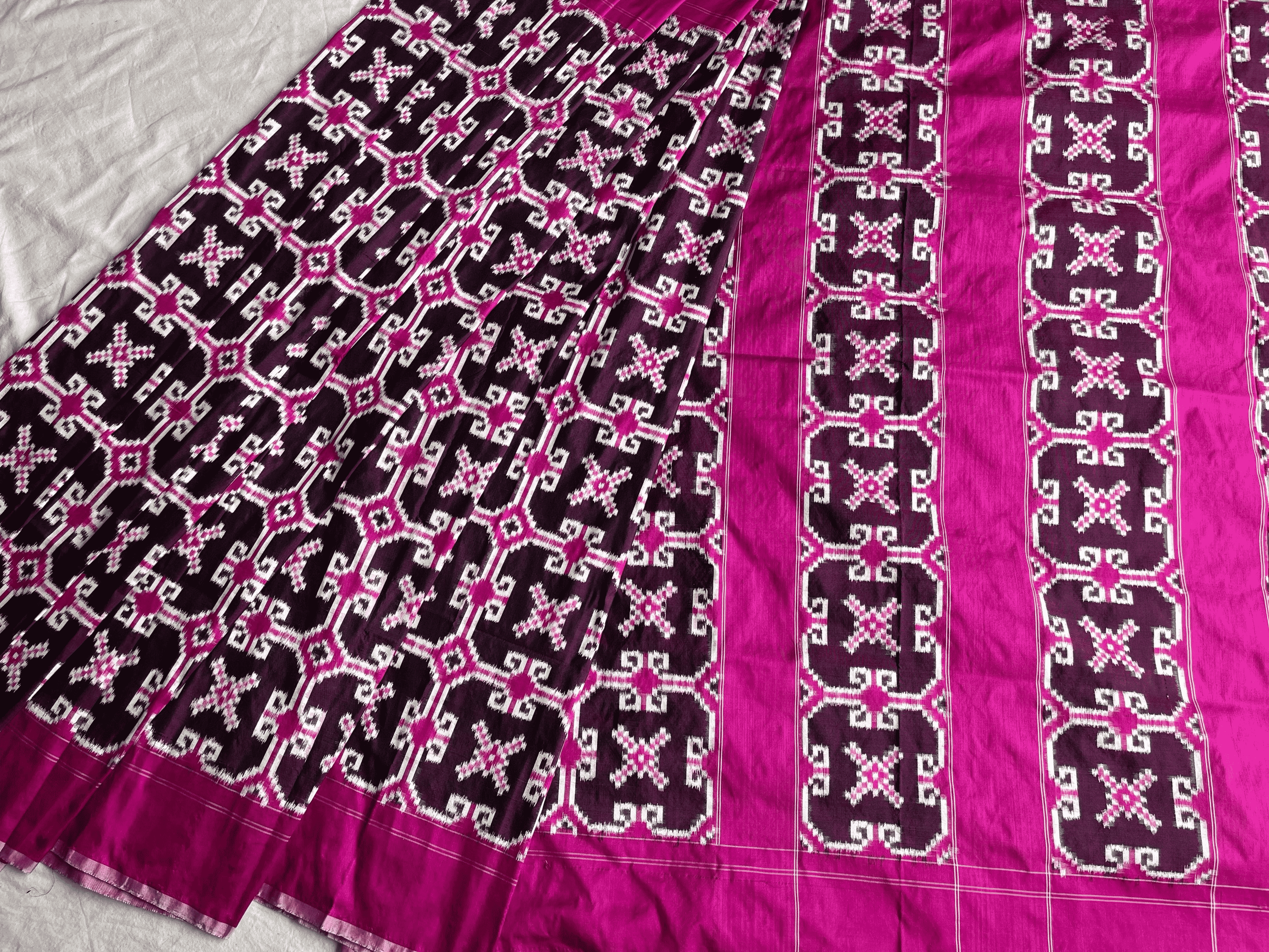 Teliya Rumal Double Ikat Jamun And Pink Combimnation Ikat Saree