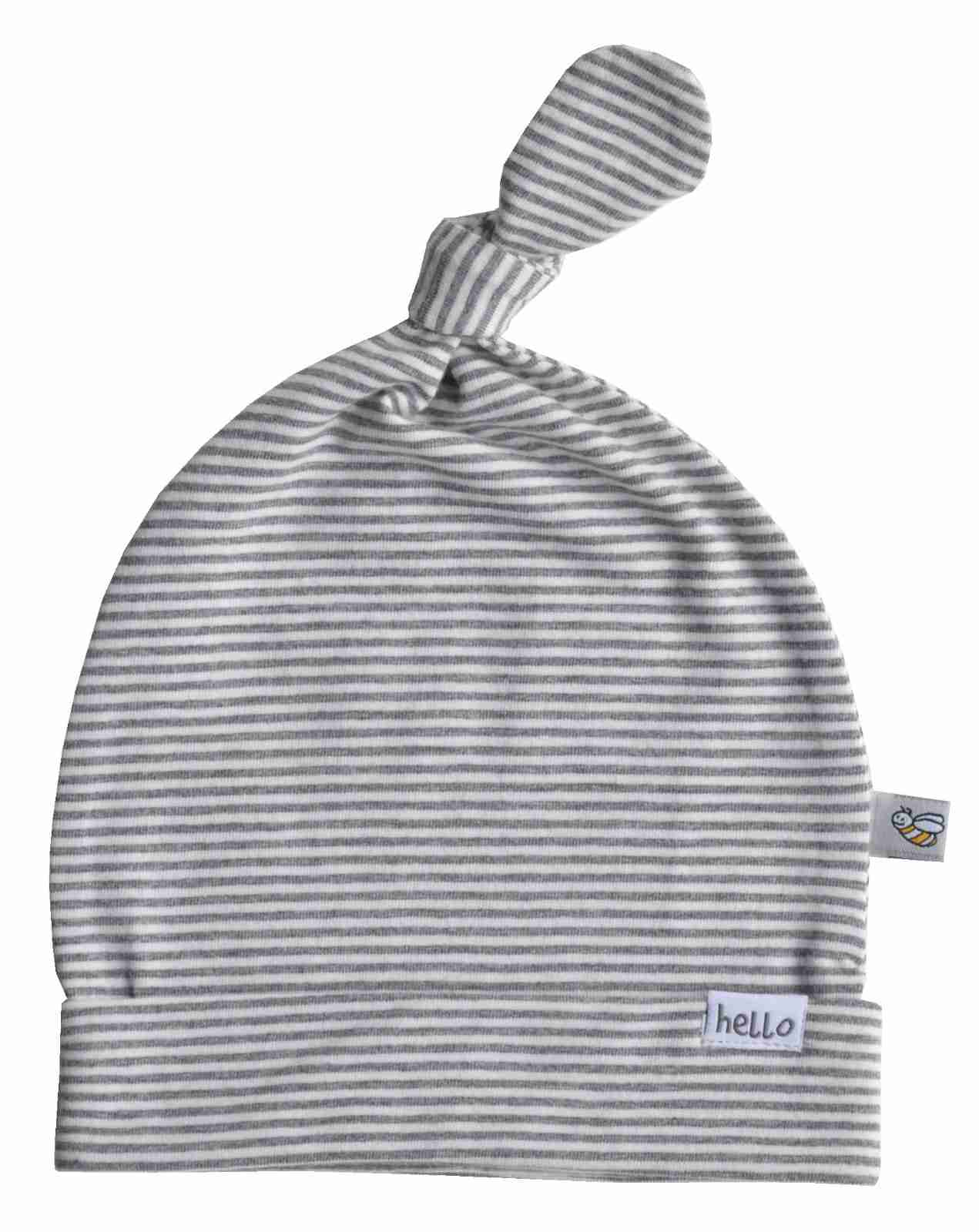 Grey Striped Beanie cap with Knot (95% Cotton 5% Elasthan Jersey)