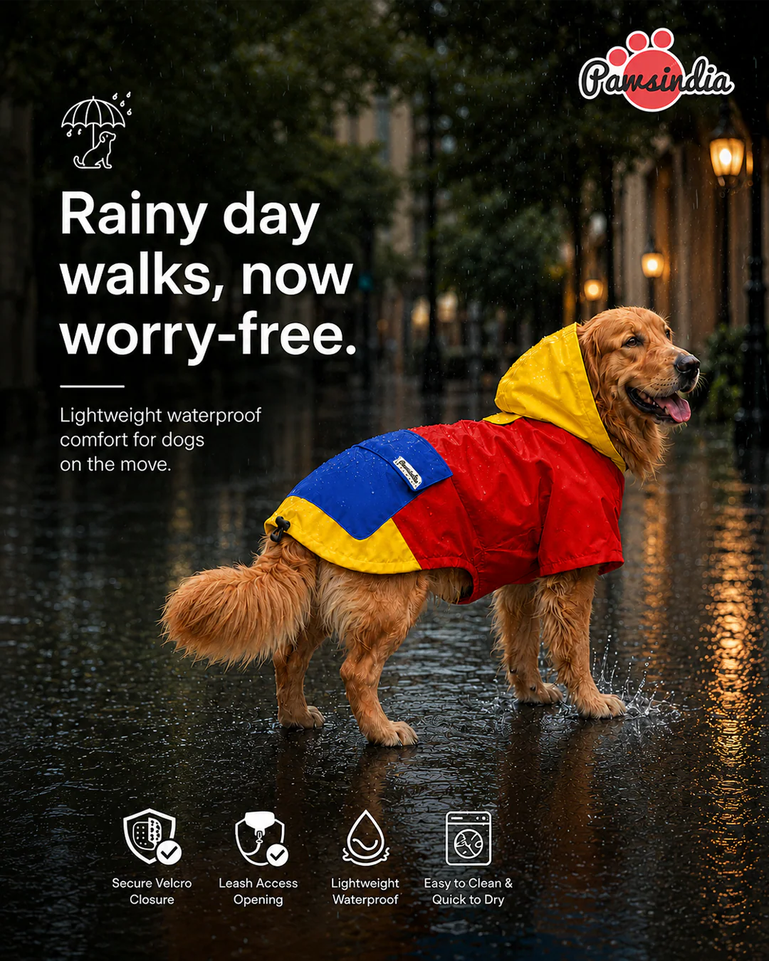 Pawsindia Dog Hooded 360° Raincoat, Red & Yellow