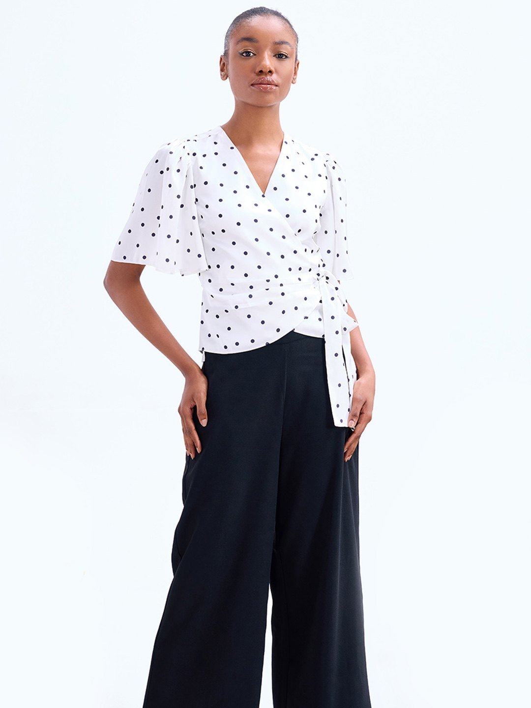 White Polka Wrap Top