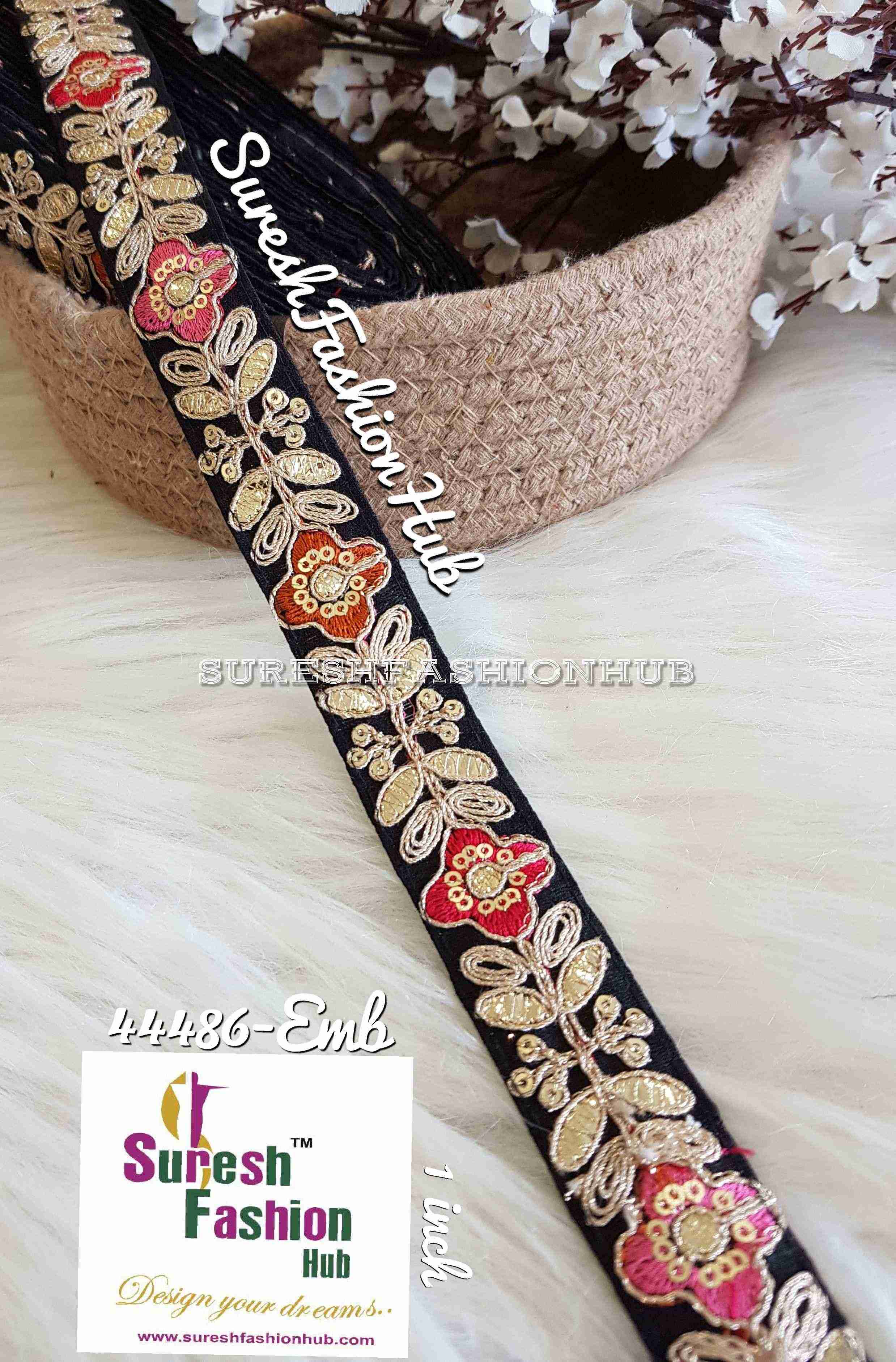 Black Leaves And Flowers Gota Patti Trim