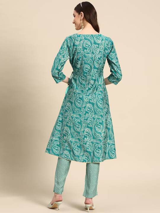 Women Turquoise Blue Paisley Printed Angrakha  Kurta with Trousers