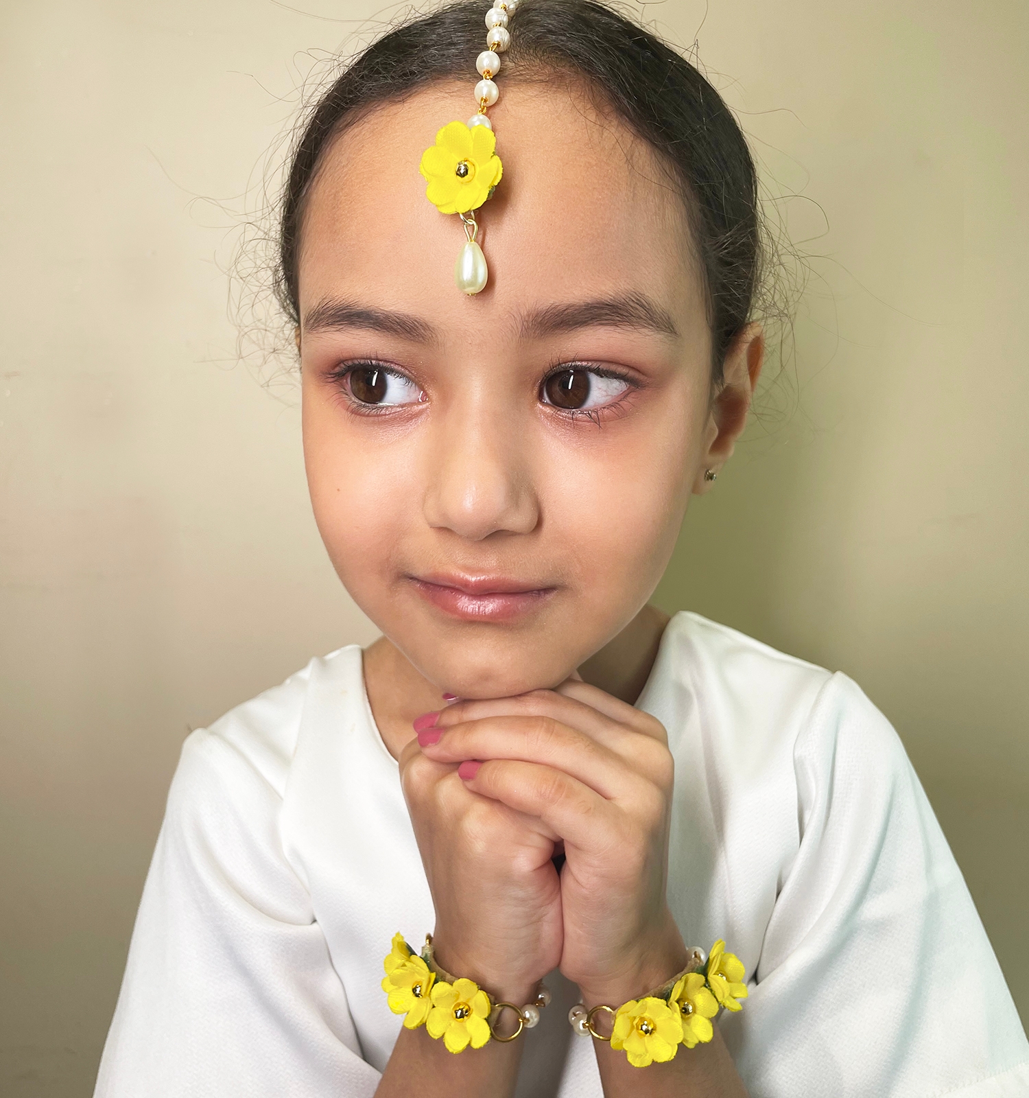 Gul Floral Bracelets & Maang Teeka Set- Yellow