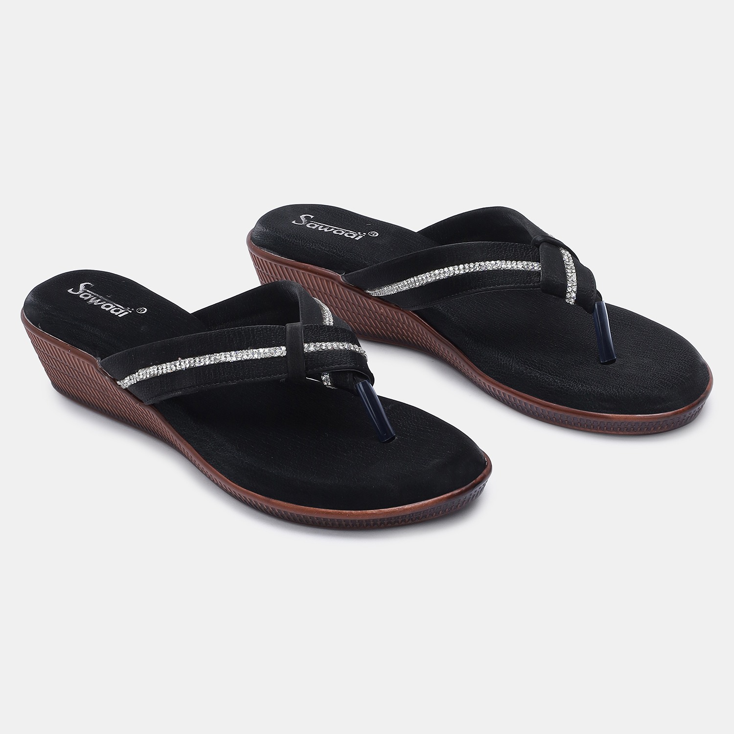 Stylish Black Wedge Flip Flops with Rhinestones