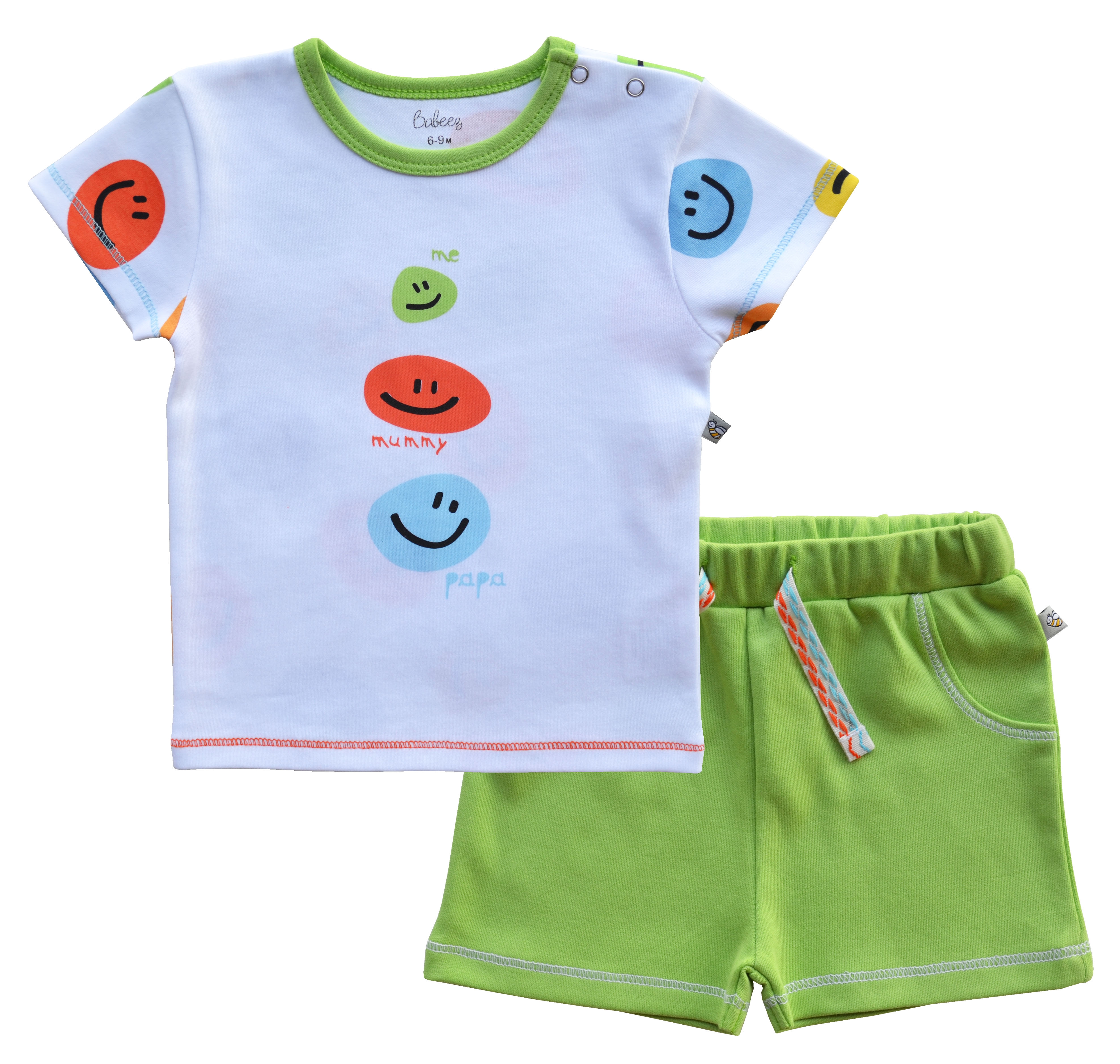 White T-Shirt with Smiley Print and Green Shorts Set (100% Cotton Interlock)