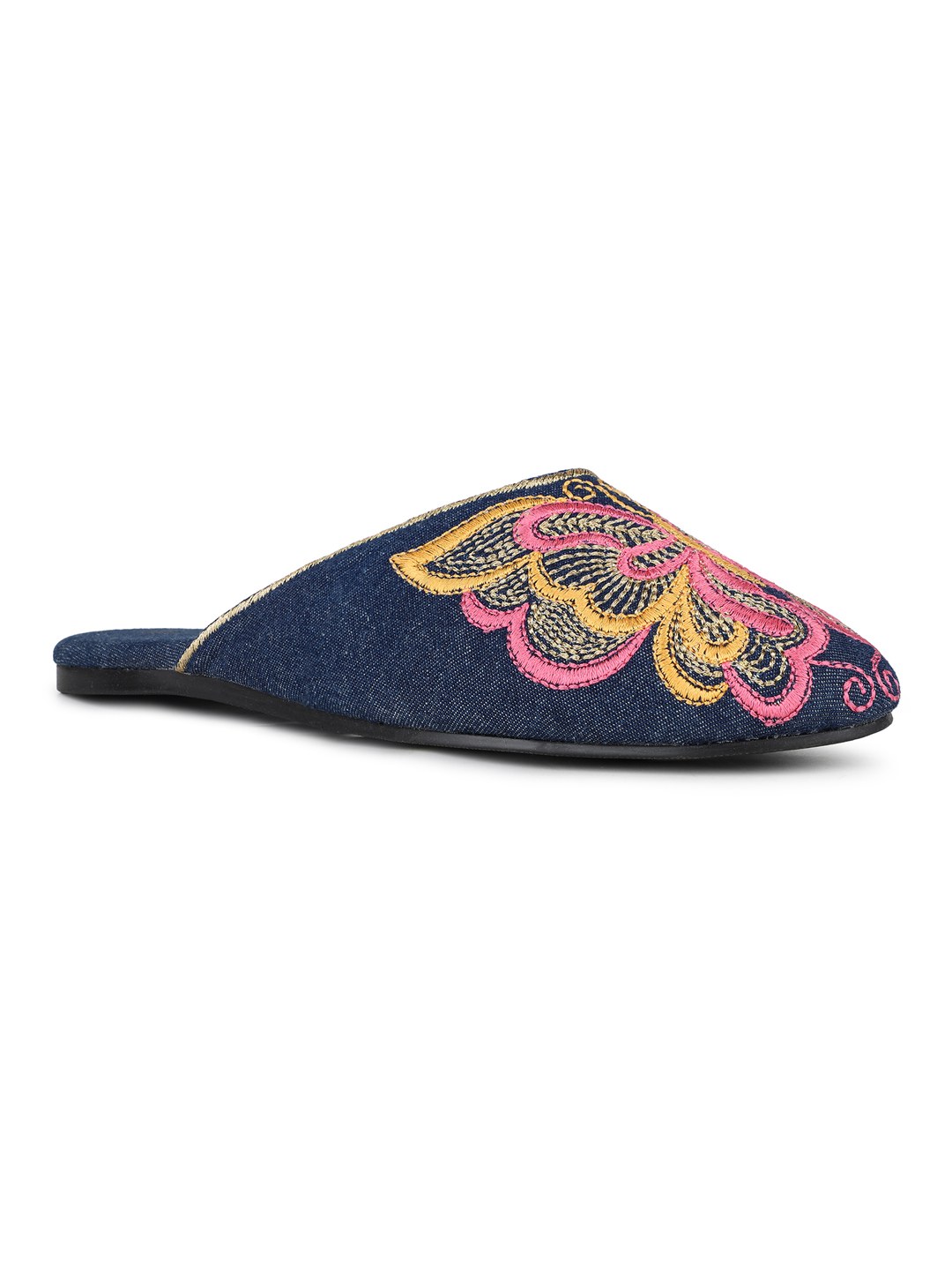 Women Navy Casual Printed Pointed Slip-On Flat Mules