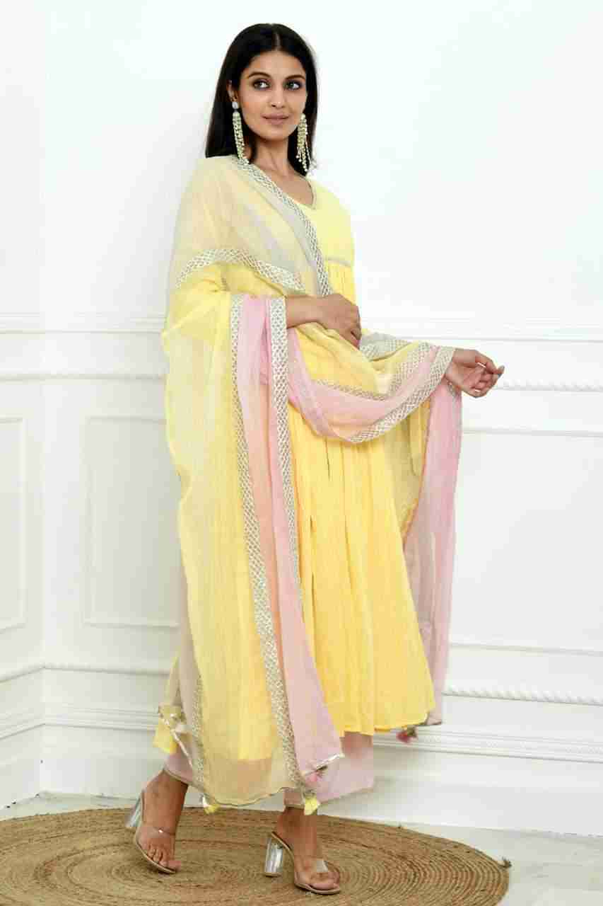 Naksh Yellow Solid Voile Kurta, Pants & Tricolour Dupatta (Set of 3)