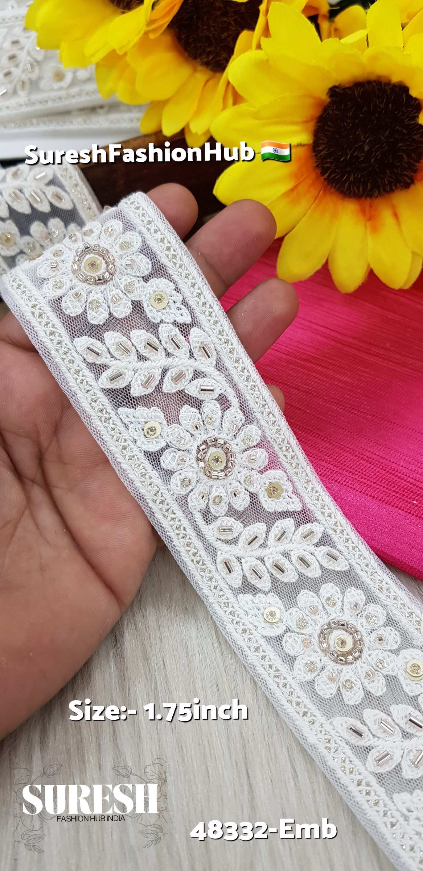 White with Rose Work Floral Net Embroidery Lace – 48332-Emb