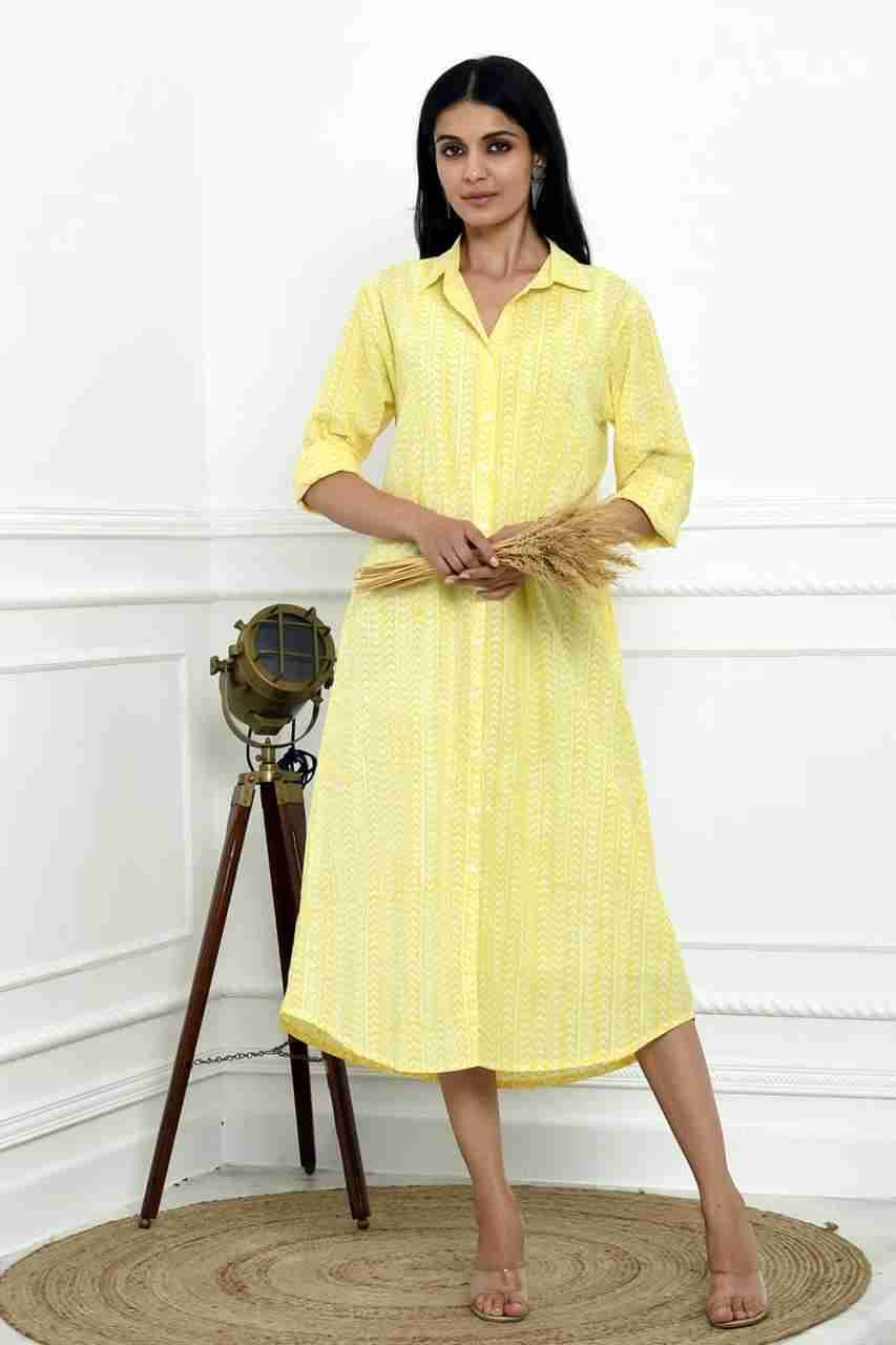 Naksh Yellow Orange Stripe Block Printed Long Shirt Kurta With Pockets