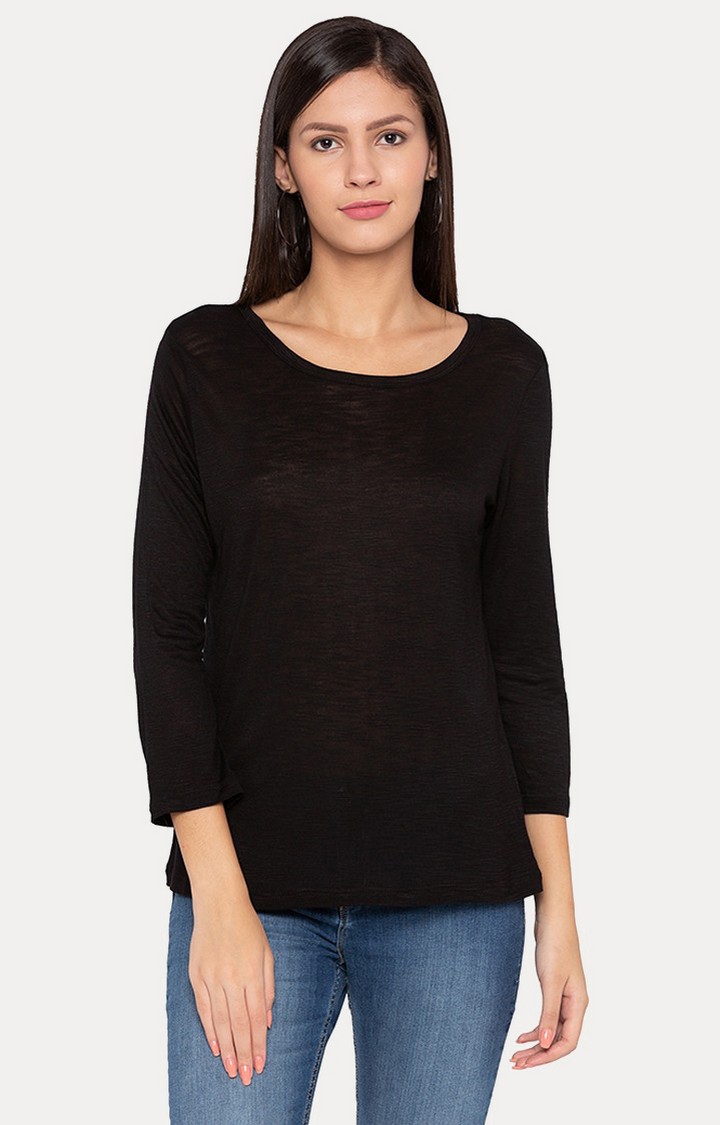 Black Solid Blouson Top