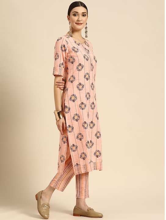 Women Peach-Coloured Ethnic Motifs Printed Kurta with Trousers