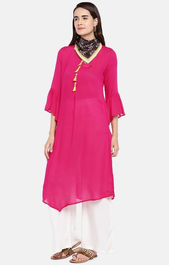 globus | Women's Pink Cotton Solid Asymmetric Kurta 2