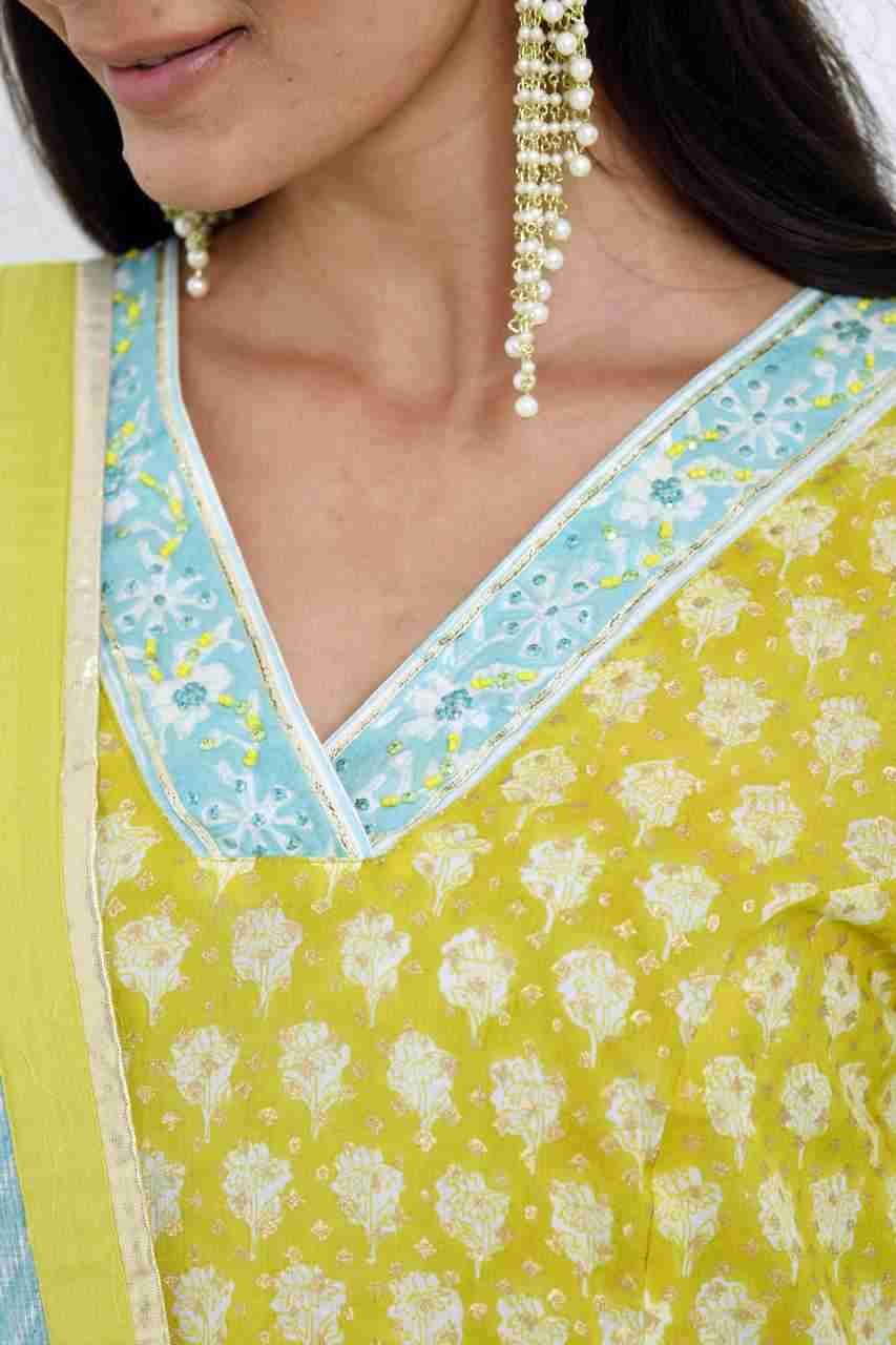 Naksh Yellow Printed Straight Kurta, Pants & Dupatta (Set of 3)