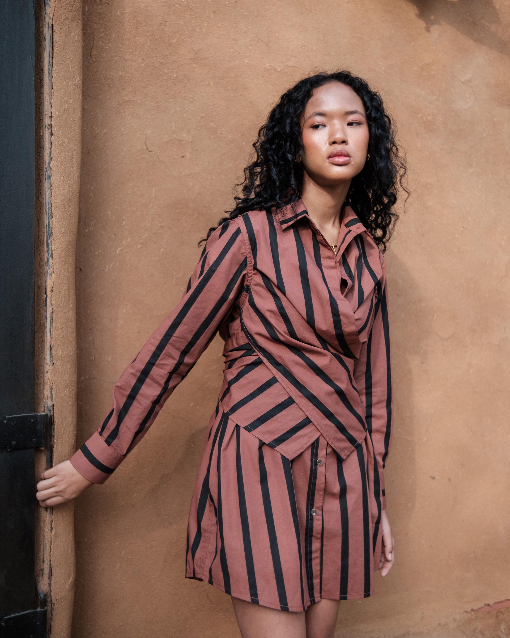 Wrap Shirt Double Layer Dress - Striped
