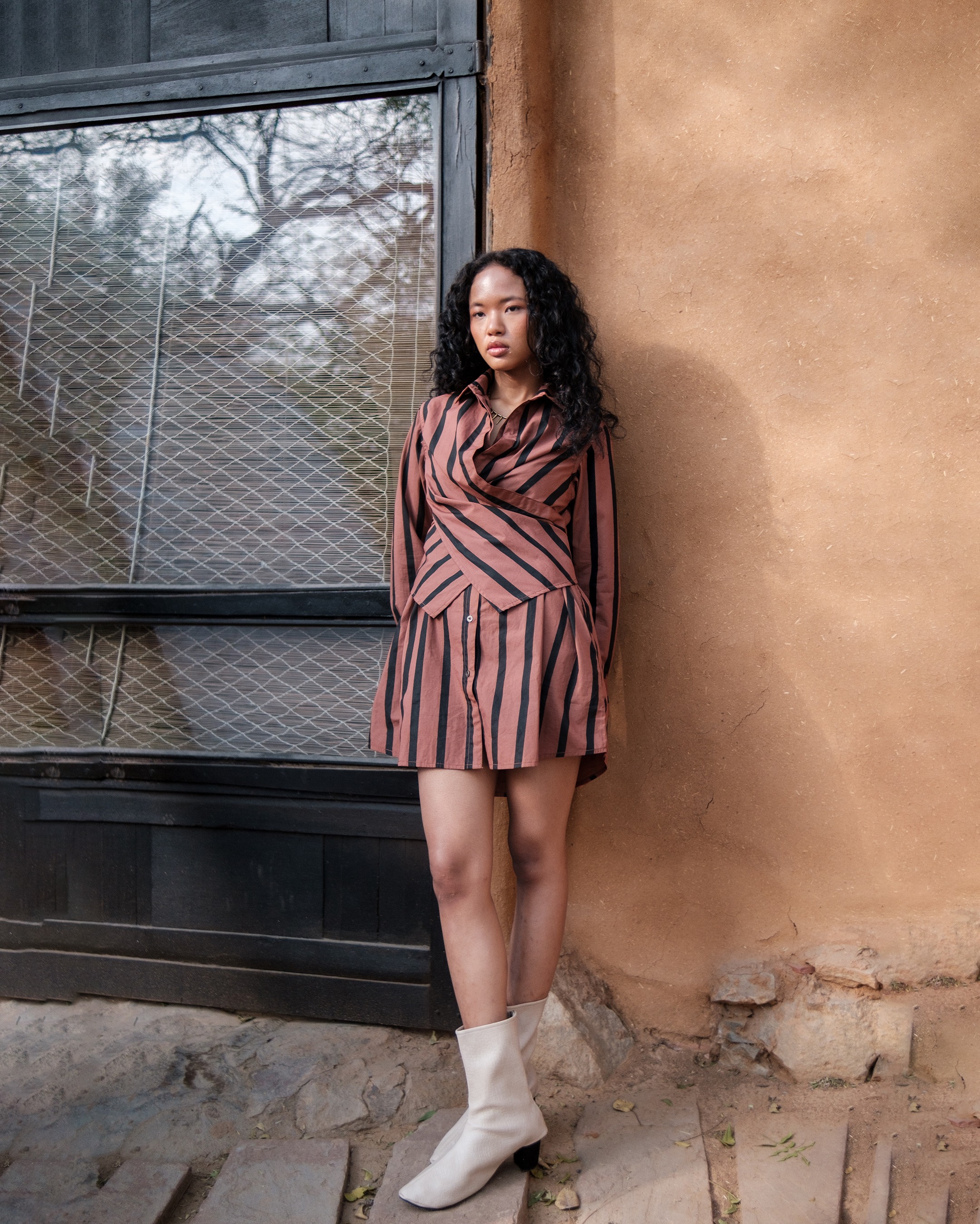 Wrap Shirt Double Layer Dress - Striped