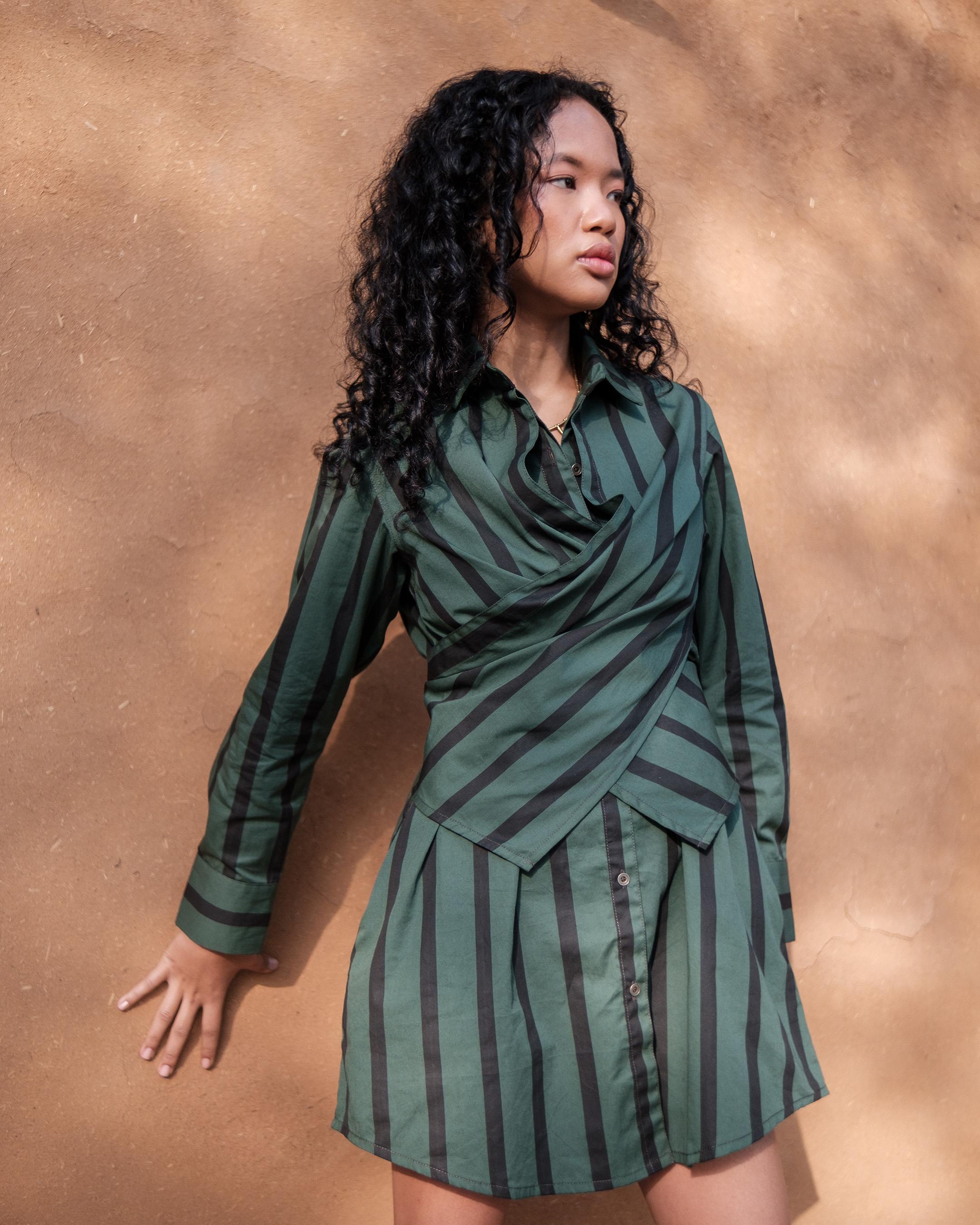 Wrap Shirt Double Layer Dress - Striped