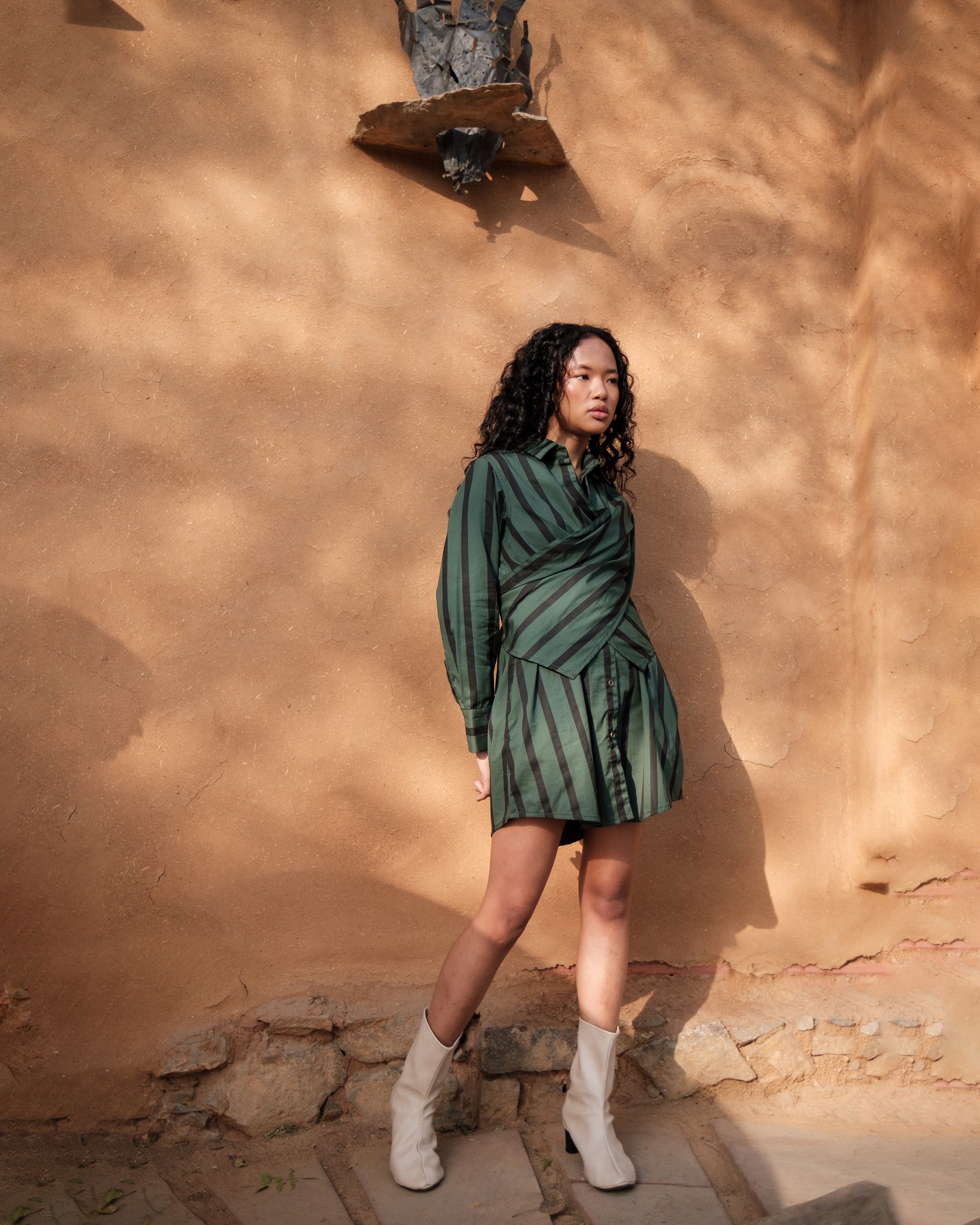 Wrap Shirt Double Layer Dress - Striped