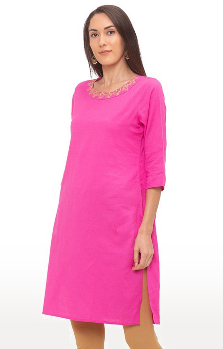 globus | Women's Pink Cotton Solid Kurtas 2