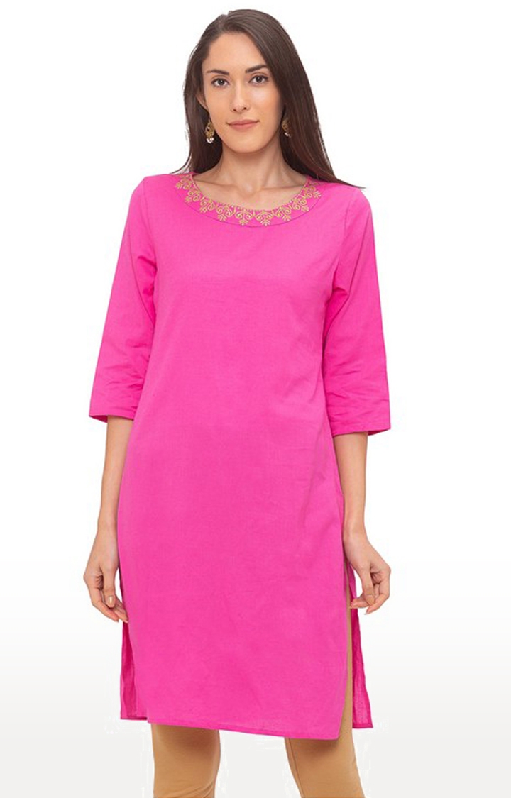 globus | Women's Pink Cotton Solid Kurtas 0